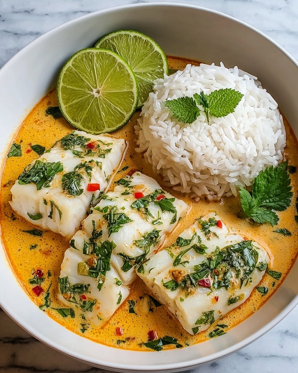 A white bowl contains three thick white fish fillets covered with small green herb pieces and resting in a light orange creamy sauce with tiny red and green bits. On one side of the bowl is a mound of fluffy white rice sprinkled with a few green herb leaves. Two fresh lime slices are placed next to the fish and rice, adding a pop of green. The bowl sits on a white marbled texture surface. Photo taken with an iphone --ar 4:5 --v 7