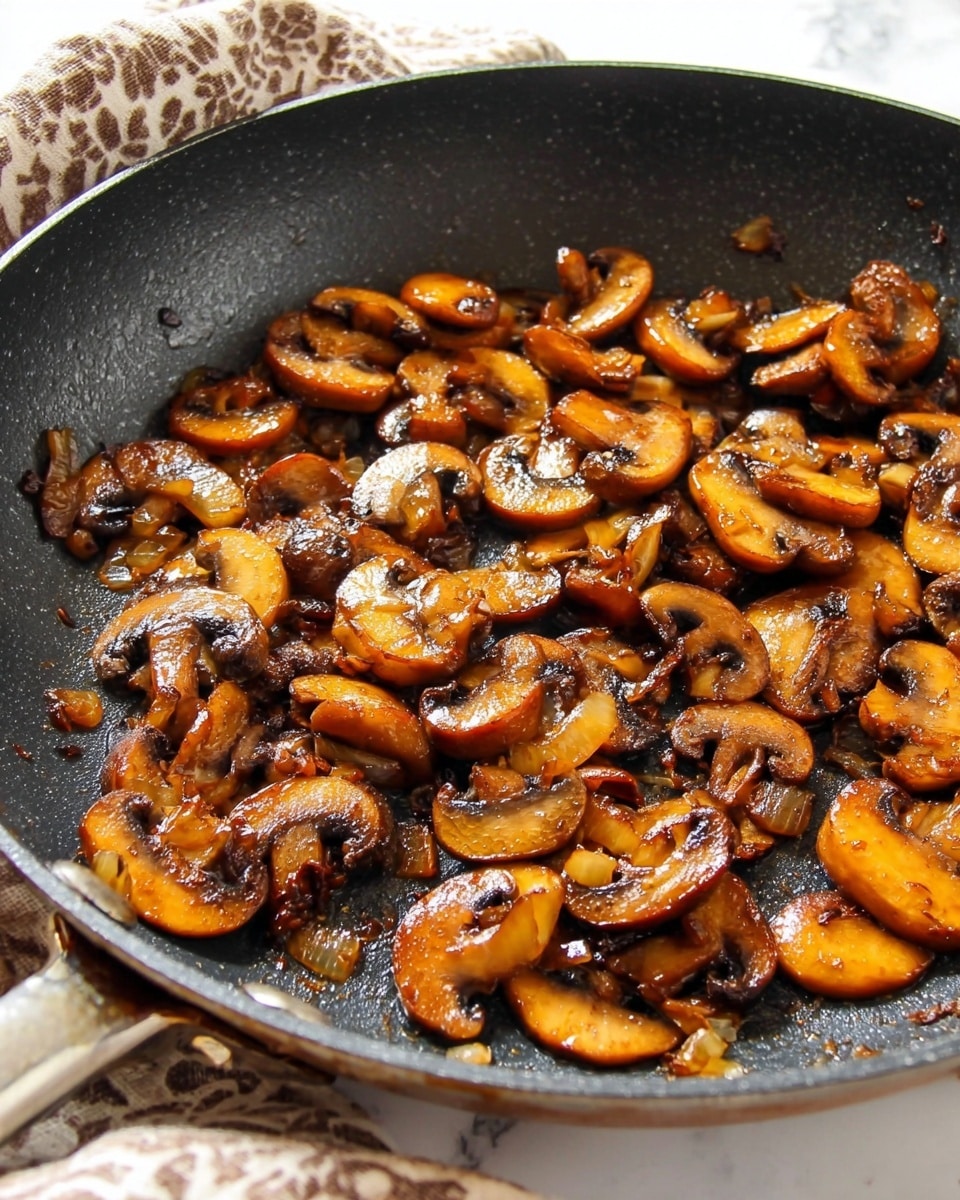 A close-up view of a black frying pan filled with cooked sliced mushrooms and small pieces of onions, all showing a rich golden-brown color with some slightly darker edges from frying. The mushrooms are cut into medium-thick layers, spread evenly across the pan's surface. The pan rests on a white marbled texture, and a patterned cloth partially covers the pan's handle on the left side. The cooked mushrooms have a glossy texture from the oil used in cooking, creating a visually appealing shiny effect. photo taken with an iphone --ar 4:5 --v 7