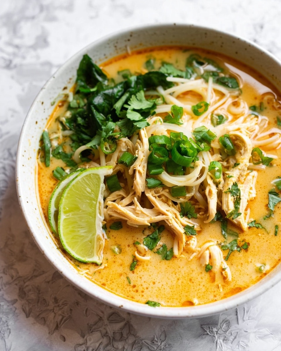 A white bowl filled with creamy orange broth with thin white noodles and shredded light yellow chicken in the center, topped with fresh green spinach leaves, chopped green onions, and cilantro scattered around. A lime wedge with light green flesh and a darker green rind rests on the side, sitting partially in the soup. The bowl is on a white marbled texture surface, showing some splashes of broth on the bowl's inner edge. photo taken with an iphone --ar 4:5 --v 7