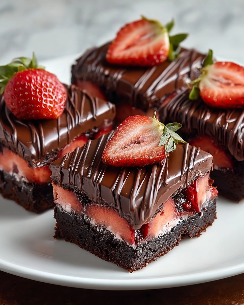 The image shows four thick square pieces of chocolate strawberry brownies placed on a white plate. Each brownie has three visible layers: a bottom dark chocolate brownie base with a crumbly texture, a middle layer of whole fresh red strawberries embedded in rich dark chocolate, and a smooth glossy chocolate ganache on top. The top layer is decorated with dark chocolate drizzle in thin lines across the surface. Each piece is garnished with a halved fresh strawberry with green leaves on top. The plate sits on a white marbled texture surface. photo taken with an iphone --ar 4:5 --v 7