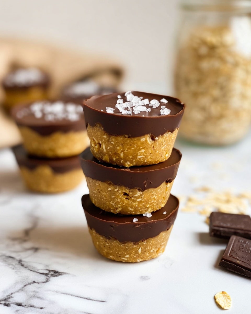 The image shows a stack of four small round desserts, each with two layers: the bottom layer is a light golden brown, crumbly and textured, likely made from oats or nuts, while the top layer is smooth, shiny dark chocolate with a few sprinkles of coarse sea salt on the surface. The stack is placed on a white marbled surface with some chocolate pieces scattered on the right side. In the blurred background, there is another dessert of the same kind laying on its side and a jar filled with oats. Photo taken with an iphone --ar 4:5 --v 7