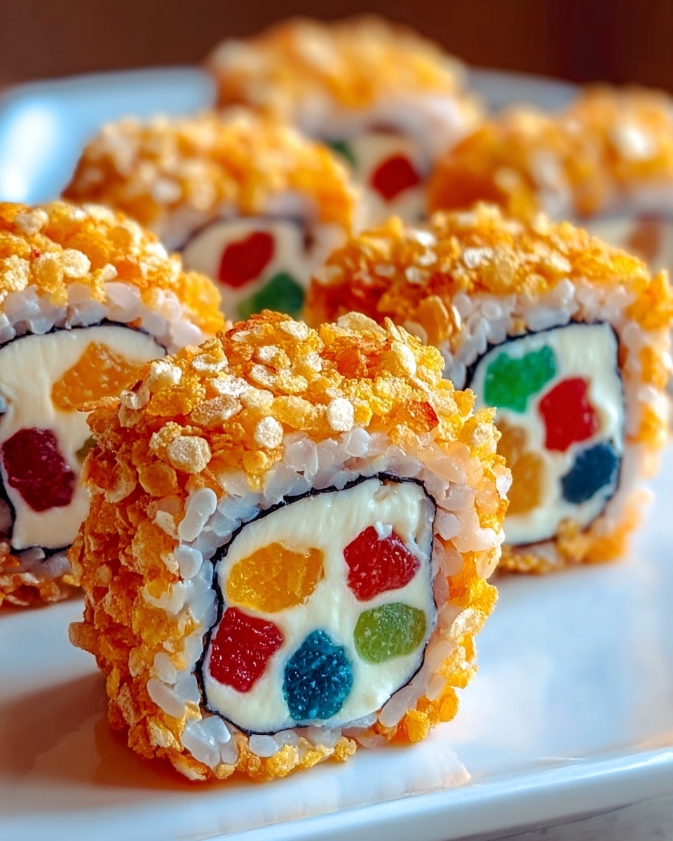 The image shows several pieces of dessert sushi arranged on a white plate over a white marbled surface. Each piece has three visible layers: a bright colored yellow or red center, surrounded by a thick white creamy layer, and wrapped with a thin black strip resembling seaweed. The outside of each piece is covered with small crunchy round golden brown cereal bits, with some pieces also topped with small colorful candy dots in green, red, or yellow. The dessert sushi pieces are neatly cut and closely placed together, showing a mix of vibrant and light colors with a crunchy texture on the outside. Photo taken with an iphone --ar 4:5 --v 7