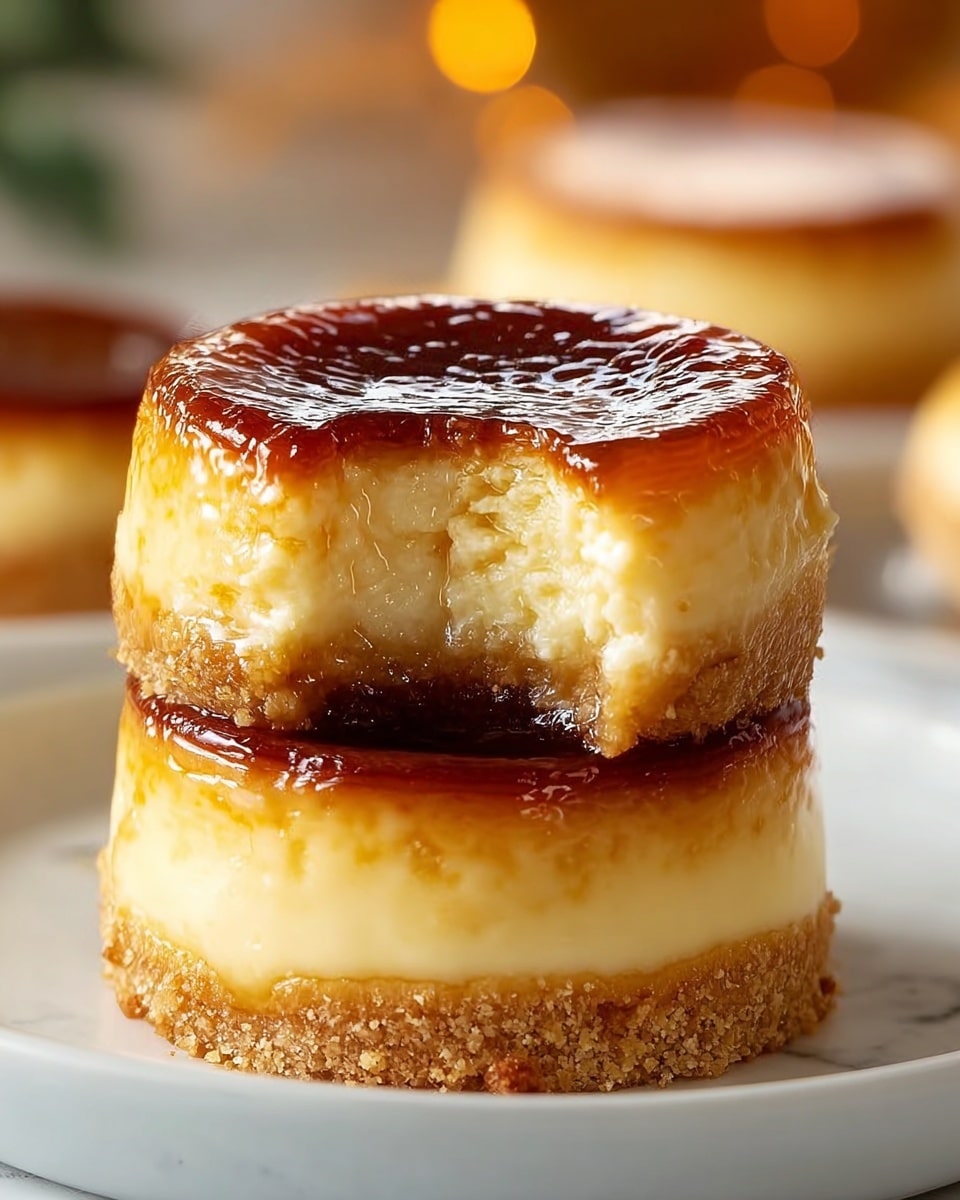 The image shows two small round caramel custard desserts stacked on a white plate, placed on a white marbled surface. Each dessert has three layers: the top layer is a shiny, dark golden-brown caramel glaze with a slightly glossy texture; the middle layer is a creamy, pale yellow custard that looks smooth and soft; and the bottom layer is a crumbly, light brown crust with a rough texture. The top dessert has a bite taken from it, revealing the creamy middle and crumbly base. The background is softly blurred with warm tones, making the desserts the main focus of the image. Photo taken with an iphone --ar 4:5 --v 7