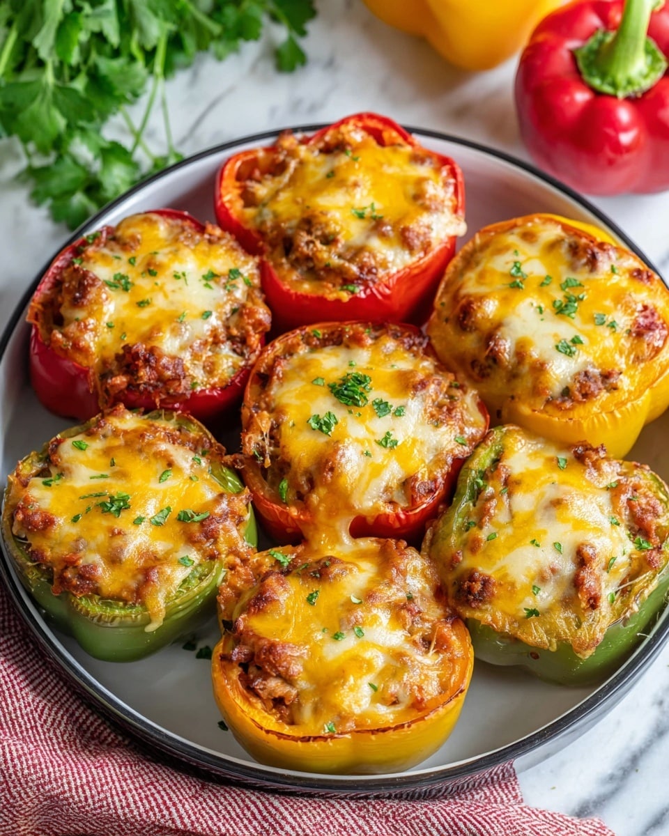 Seven stuffed bell pepper halves sit closely packed in a round white bowl with a black rim, each filled with a rich brown meat and rice mixture topped by a thick layer of melted golden-yellow cheese with a slightly browned, bubbly texture. The peppers show a variety of colors including red, green, and yellow, each cut open with the filling visible. Small green herb sprinkles add a fresh touch across the cheesy tops. The bowl rests on a white marbled surface with a red and white cloth partially under it, and fresh peppers and green herbs appear softly in the background. photo taken with an iphone --ar 4:5 --v 7