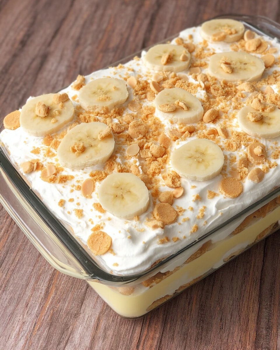 A rectangular clear glass dish with three visible layers: the bottom layer is pale yellow pudding; the middle layer is thick white cream, smooth and evenly spread; the top layer is decorated with round banana slices spaced evenly and scattered crushed light golden wafer cookies on a white marbled background. photo taken with an iphone --ar 4:5 --v 7