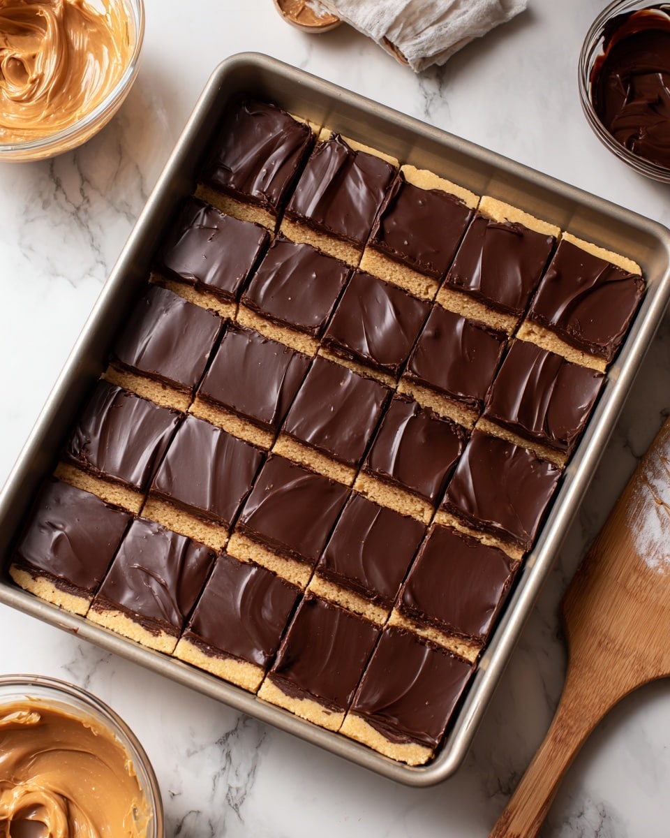 A metal baking tray filled with a layered dessert cut into 24 squares. The bottom layer is a light tan color with a crumbly texture that looks like a cookie or biscuit base. The middle layer is creamy and smooth, peanut butter colored with a slightly glossy finish. The top layer is thick, dark chocolate with a shiny, slightly wavy texture that covers the entire dessert evenly. The edges show some peanut butter layer peeking through. To the right, there is a wooden spatula with a white residue on a white marbled surface and glass bowls with remaining chocolate and creamy spread. photo taken with an iphone --ar 4:5 --v 7