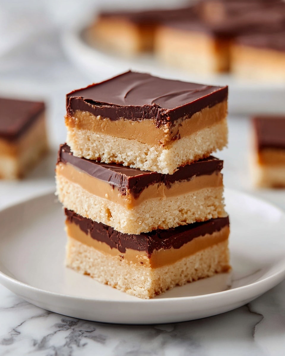 A stack of four square dessert bars sits centered on a white plate, each bar showing three layers: a thick, dense light beige cake layer at the bottom, a smooth light brown peanut butter layer in the middle, and a shiny dark chocolate layer on top. The edges of the bars are clean but slightly uneven, showing the soft texture of the cake and the creamy middle. The background is a white marbled texture with blurred dessert bars in the background. photo taken with an iphone --ar 4:5 --v 7