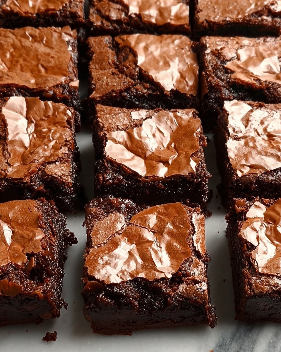 The image shows a tray full of cut chocolate brownies arranged closely in rows, each square having a cracked and shiny top layer in light brown with darker chocolate edges. The texture on the top looks crisp and slightly uneven, revealing a dense, moist, dark brown layer underneath. Each brownie piece has visible thickness with two distinct layers: the top cracked crust and the soft interior beneath. The tray sits on a white marbled textured surface. photo taken with an iphone --ar 4:5 --v 7