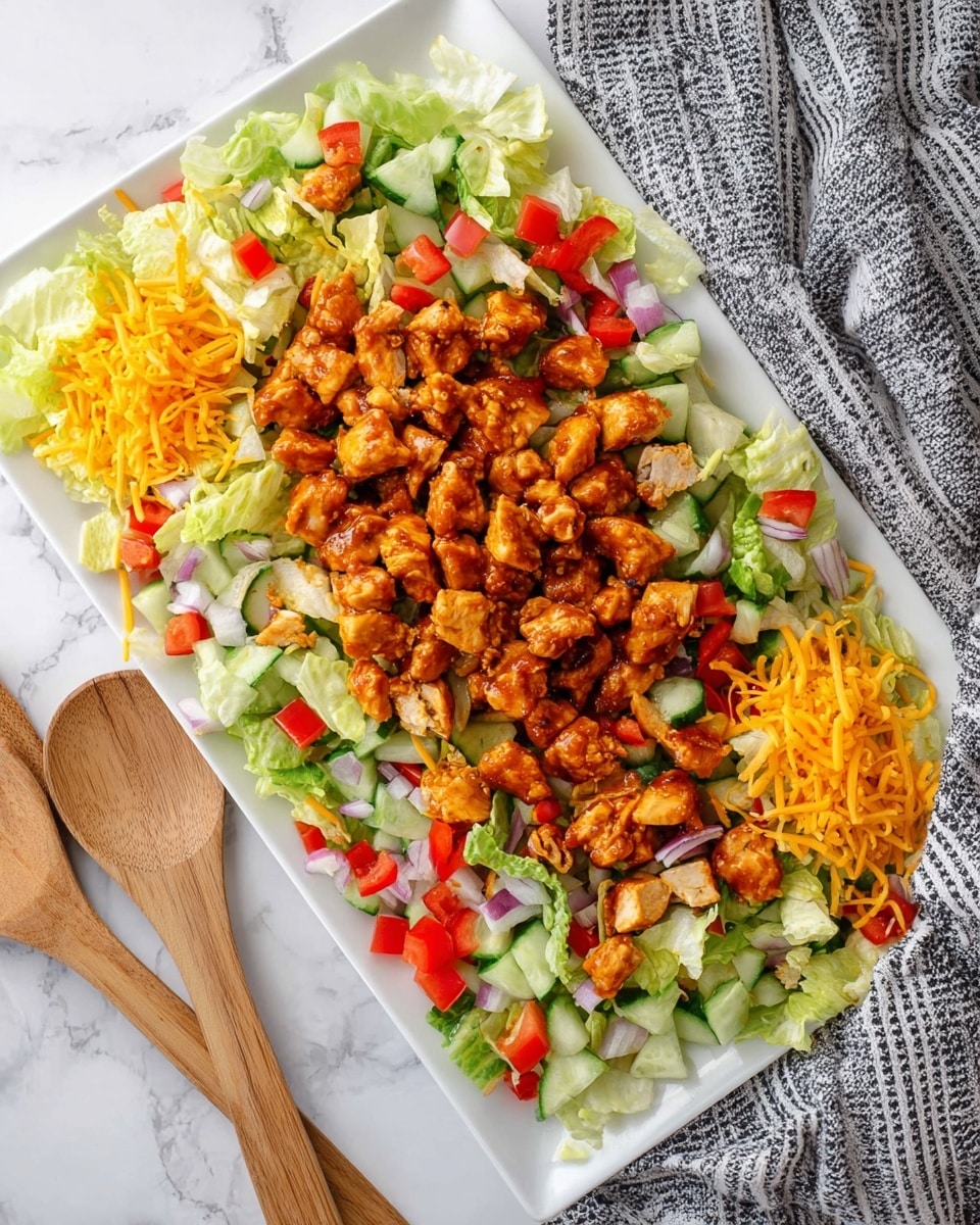 A white rectangular plate rests on a white marbled surface, holding a layered salad. The bottom layer is made of green chopped romaine lettuce, spread evenly over the plate. On top of that is a colorful mix of diced red bell pepper, cucumber, and finely chopped white onion, scattered to cover the lettuce. Small pieces of orange shredded cheddar cheese are also spread among the vegetables. The top layer consists of bite-sized chunks of cooked chicken coated in a glossy, dark orange sauce, arranged mostly in the center, creating a vibrant contrast against the greens and reds beneath. Next to the plate, two wooden spoons and a gray and white striped towel add a homey touch. photo taken with an iphone --ar 4:5 --v 7