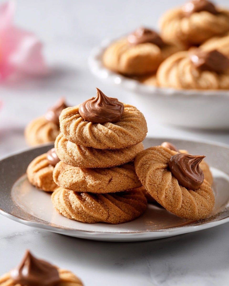 A stack of six light brown, soft-textured cookies with a swirled pattern lies on a white plate with a gray rim, each cookie topped with a small dollop of smooth, dark brown chocolate cream in the center. One cookie leans against the stack, showing its thickness and sugary surface. In the background, a few more cookies with the same design sit inside a white bowl, and a single dollop of chocolate cream rests on the white marbled surface nearby. The scene is bright and softly lit, focusing on the cookies’ detailed textures and warm, inviting colors. Photo taken with an iphone --ar 4:5 --v 7