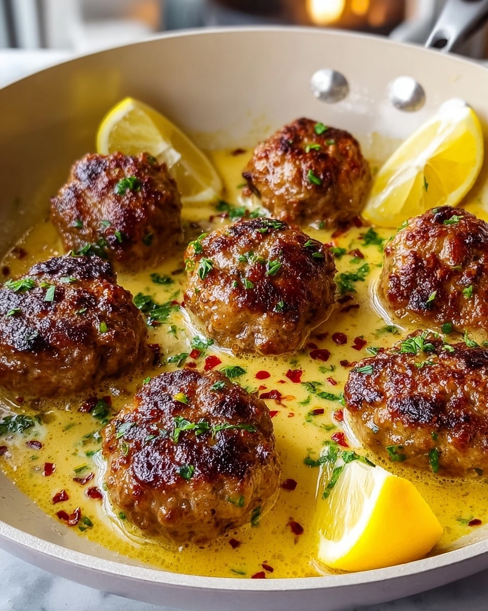 Seven browned meatballs with a shiny, slightly crispy texture sit in a pool of light yellow creamy sauce inside a white pan. The sauce has small red chili flakes and bits of herbs scattered on top. The meatballs are garnished with green chopped herbs. Two thin lemon wedges with a bright yellow color rest on the edge of the pan, adding contrast. The pan is placed on a white marbled surface, and the background is softly blurred, showing hints of a cozy setting. Photo taken with an iphone --ar 4:5 --v 7