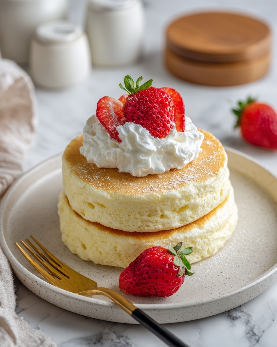A stack of two thick, fluffy, light yellow pancakes sits on a round white plate with a soft textured surface. The pancakes have a smooth, slightly browned top and a spongy, airy texture visible on the sides. On top, there is a dollop of white whipped cream, slightly soft and fluffy in texture, partially covered by two bright red, sliced strawberries with green leaves still attached. Another whole strawberry rests on the plate next to the stack. A gold fork with a black handle lies in front of the plate on a white marbled surface. In the background, there are blurred white jars and a wooden lid. Photo taken with an iphone --ar 4:5 --v 7