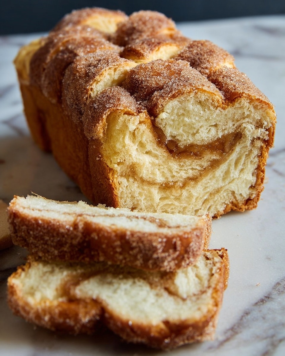 A loaf of soft, golden brown bread with a sugar-coated crust sits sliced on a white marbled surface. The bread is made of multiple connected round sections, each with a lightly browned, textured top sprinkled generously with sugar crystals. The inside of the bread looks moist and light-colored, showing a tender, fluffy texture with a swirled pattern near the middle. Two slices are cut and laid in front of the loaf, displaying the sugary crust and soft inner layers. Photo taken with an iphone --ar 4:5 --v 7