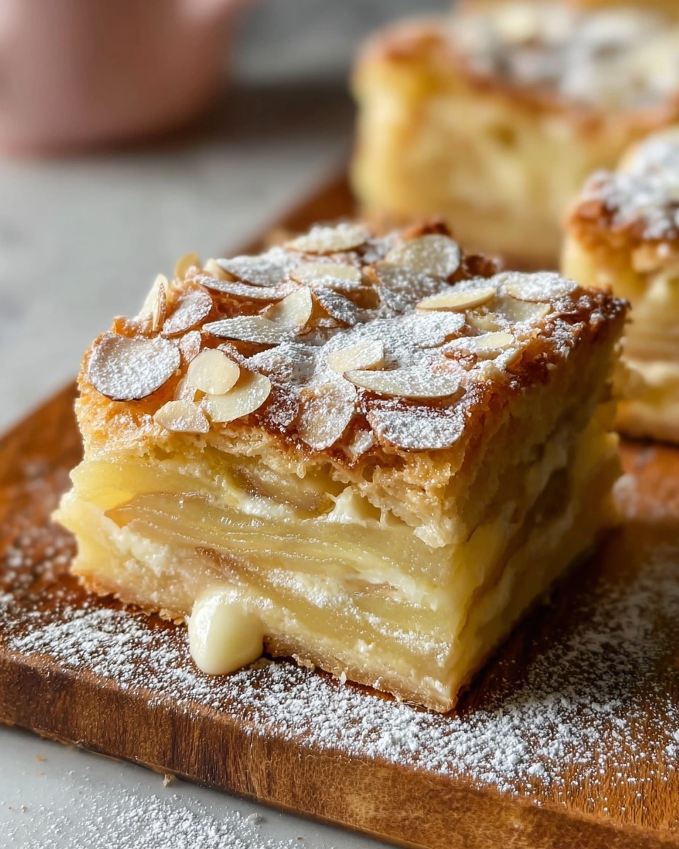 A close-up view of a square slice of layered apple cake on a wooden board, showing many thin, pale yellow apple slices stacked tightly inside with a slightly golden brown top layer covered in thin almond slices and a dusting of powdered sugar. The cake looks moist and soft with a creamy filling oozing from the bottom right corner. The background has a blurred part of the cake and a pink cloth on a white marbled surface. photo taken with an iphone --ar 4:5 --v 7