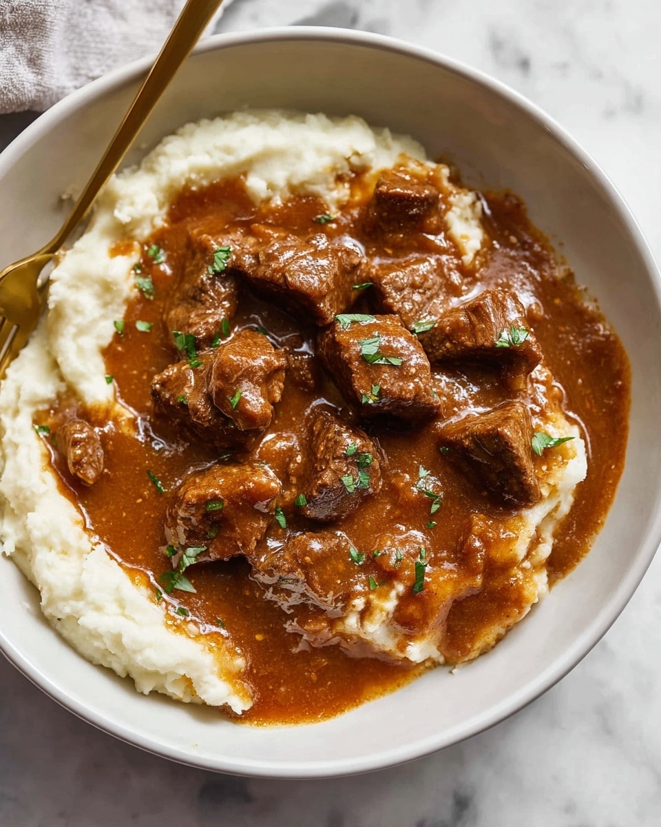 A white bowl holds a dish with two main layers: the bottom layer is a smooth, creamy white mashed potato base with a soft and slightly fluffy texture, spread evenly across the bowl. On top, chunky pieces of browned beef stew meat are covered in a thick, rich brown gravy, which glistens with a slightly glossy surface. The stew is sprinkled with small bits of fresh green herbs, likely parsley, adding color contrast. A metallic gold fork rests on the side of the bowl, partially in the mashed potatoes and gravy. The bowl sits on a white marbled surface. photo taken with an iphone --ar 4:5 --v 7
