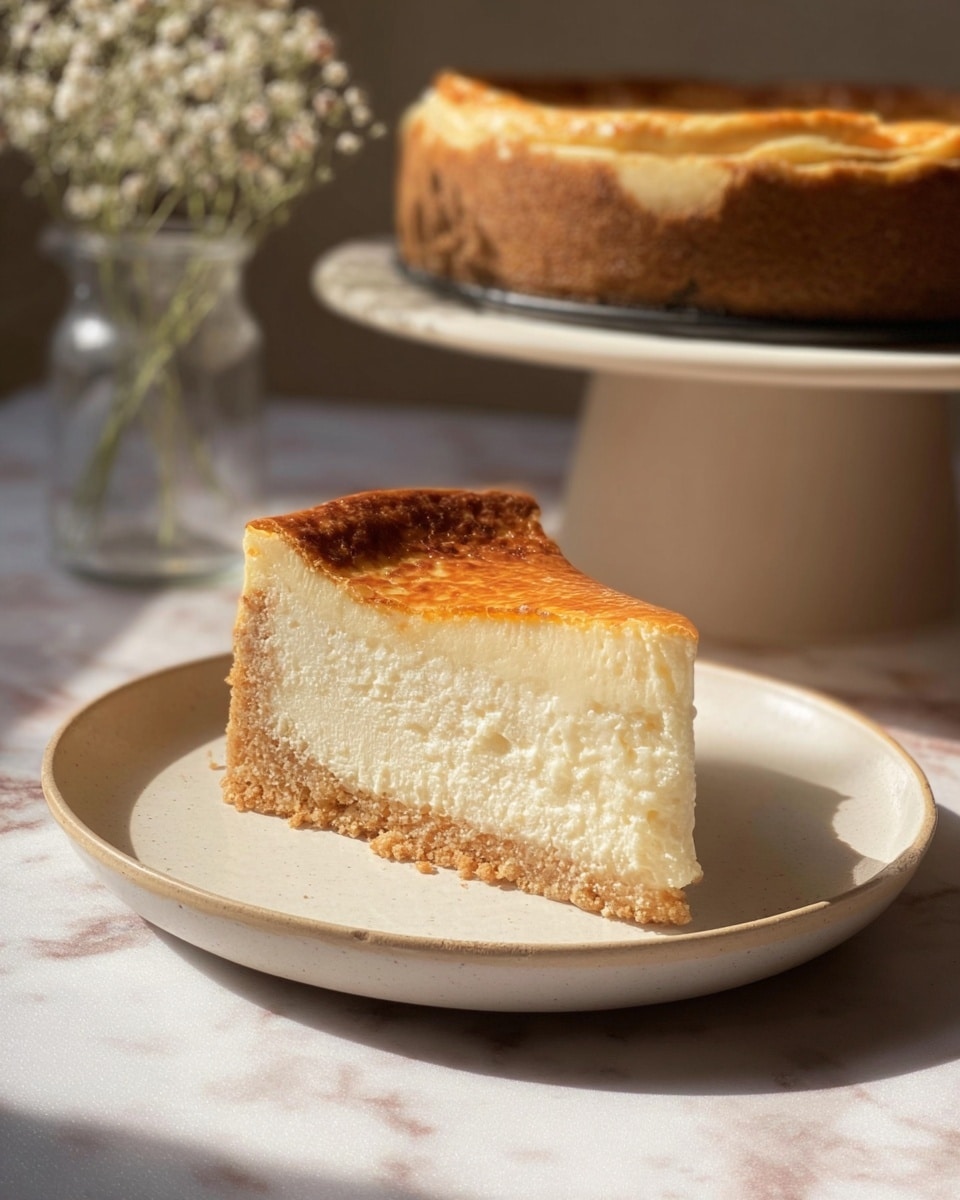 A slice of cheesecake with three layers is on a white plate; the bottom layer is a light brown, crumbly crust, the middle layer is thick, creamy, and white with a soft texture, and the top layer is thin with a golden brown baked surface that looks slightly caramelized. The slice is in sunlight, highlighting the texture and giving it a warm tone. In the background, a whole cheesecake is placed on a white cake stand, slightly out of focus, and there is a glass vase with small white flowers on a white marbled surface. Photo taken with an iphone --ar 4:5 --v 7