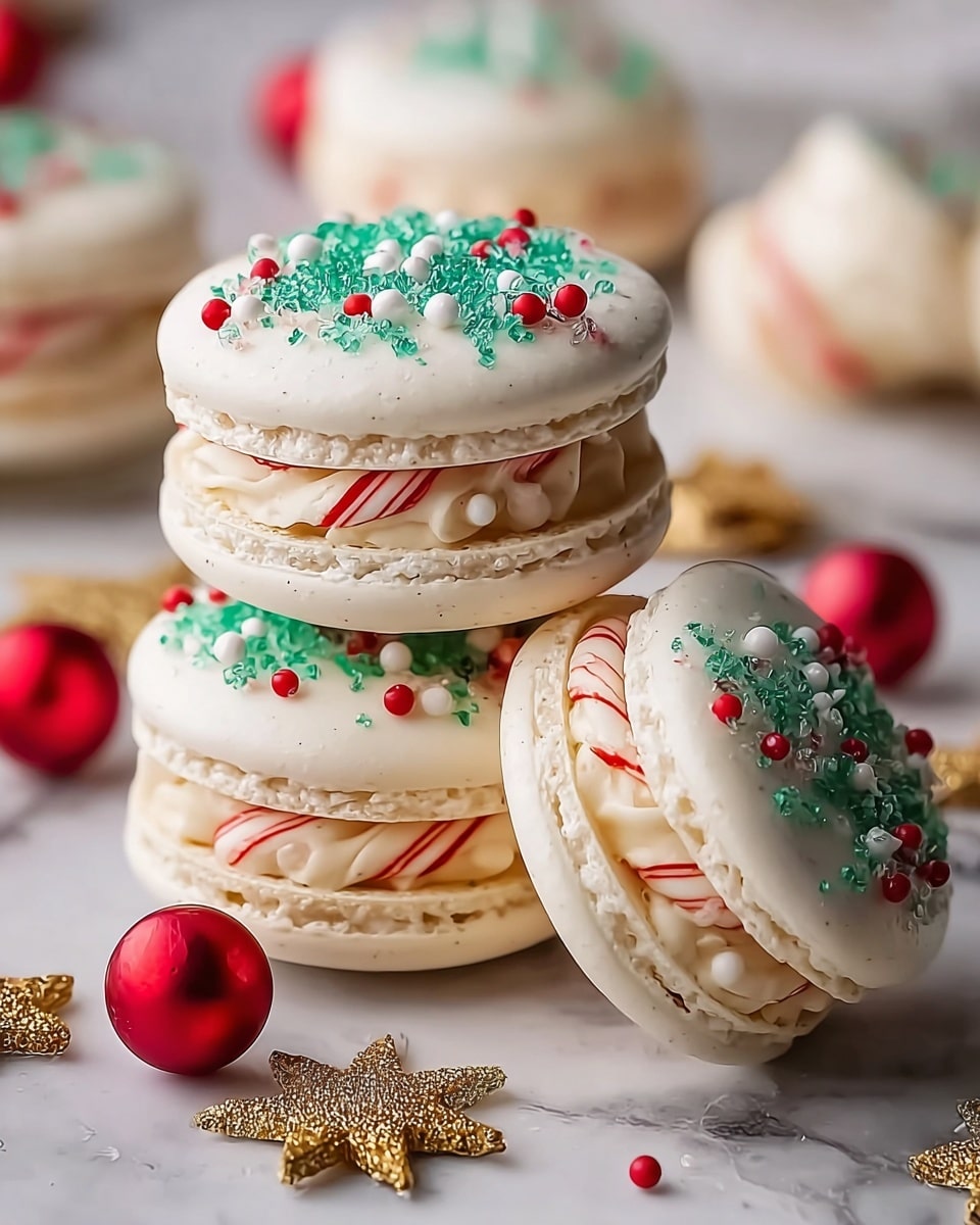 The image shows three white macarons stacked closely together on a white marbled surface. Each macaron has two smooth, slightly cracked white shells with a creamy layer in the middle that includes thin red and white striped candy pieces. The top shell of each macaron is decorated with green sugar crystals and small round sprinkles in red, white, and green, giving a festive look. Around the macarons, there are small red shiny balls and golden glittery star-shaped decorations scattered on the surface. The photo taken with an iphone --ar 4:5 --v 7