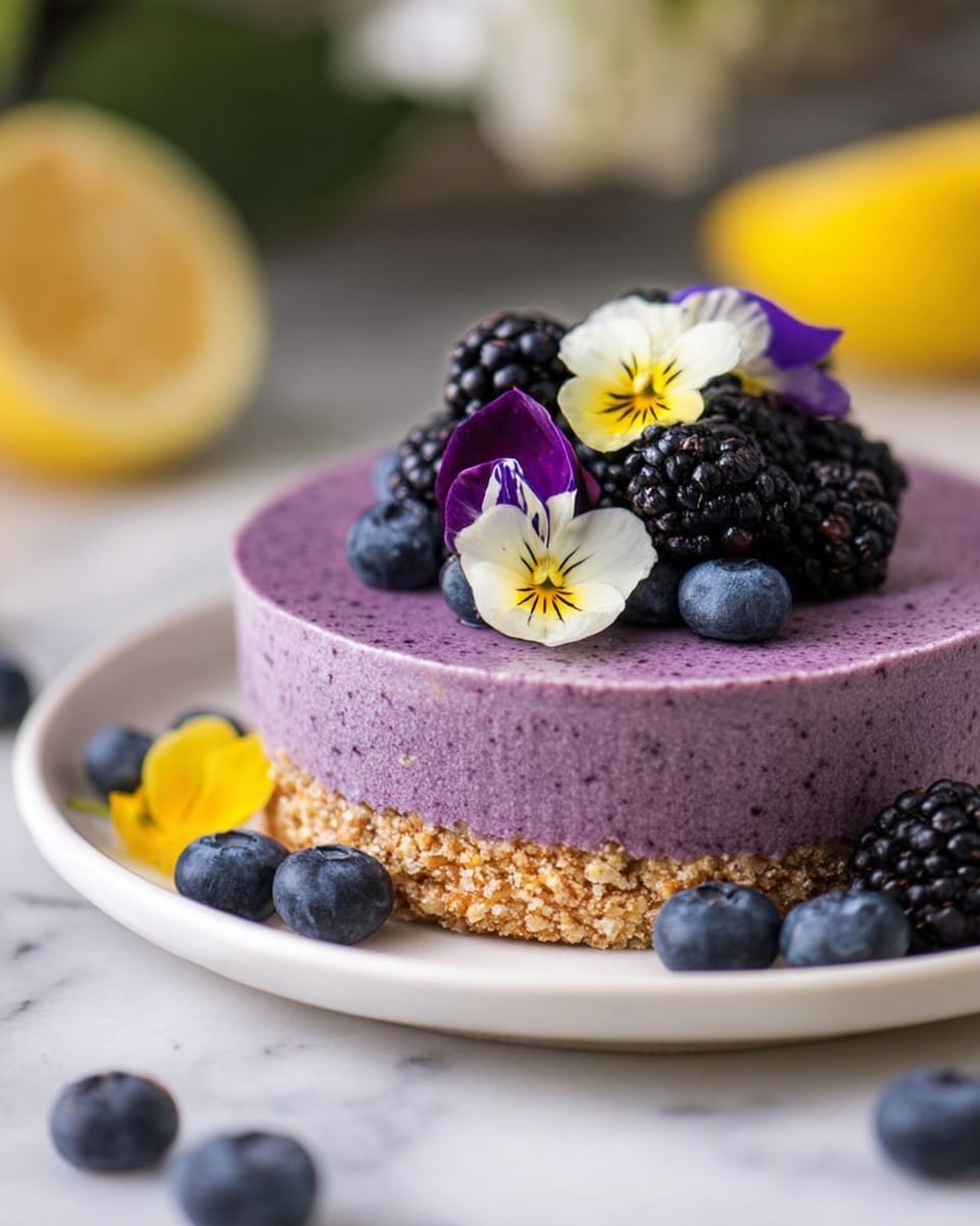 A round dessert with two layers sits on a white plate placed on a white marbled surface. The bottom layer is a textured, crumbly golden brown crust, and the top layer is a smooth, thick purple mousse with a slightly speckled surface. On top of the mousse, there is a small pile of dark blackberries and plump blueberries, decorated with three delicate edible flowers in white, purple, and yellow. Behind the dessert, a lemon wedge adds a touch of bright yellow color. Blueberries and blackberries scatter around the plate, and the background is softly blurred. Photo taken with an iphone --ar 4:5 --v 7