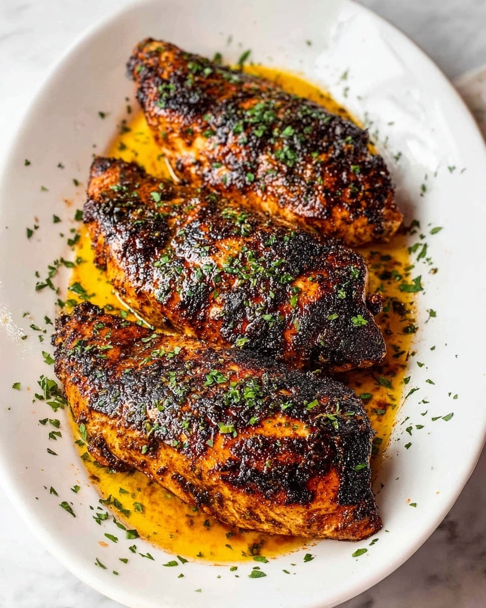 The image shows three grilled chicken breasts placed side by side on a white oval plate. Each chicken breast is thick and covered with a dark, slightly charred spice rub giving a textured look with a mix of black and deep brown colors. There are hints of golden brown where the chicken is cooked. The chicken is generously sprinkled with finely chopped green herbs, evenly spread on top and around the edges of the plate. An oily, orange-yellow sauce pools slightly around the base of the chicken, adding a shiny glaze that enhances the color contrast. The plate rests on a white marbled surface. photo taken with an iphone --ar 4:5 --v 7