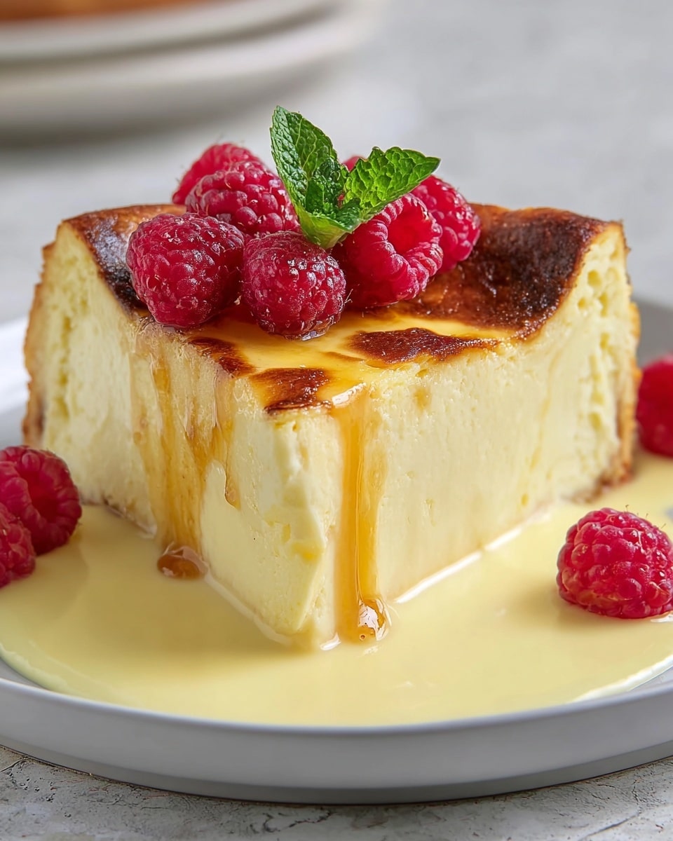 A thick slice of creamy, light yellow cheesecake with a golden brown top is placed on a white plate. The top layer of the cheesecake is slightly caramelized and shiny with golden honey dripping down the sides. Fresh red raspberries are scattered on top of the cheesecake and also on the plate around it. The cheesecake sits in a pool of smooth pale yellow sauce on a white marbled textured surface. Photo taken with an iphone --ar 4:5 --v 7