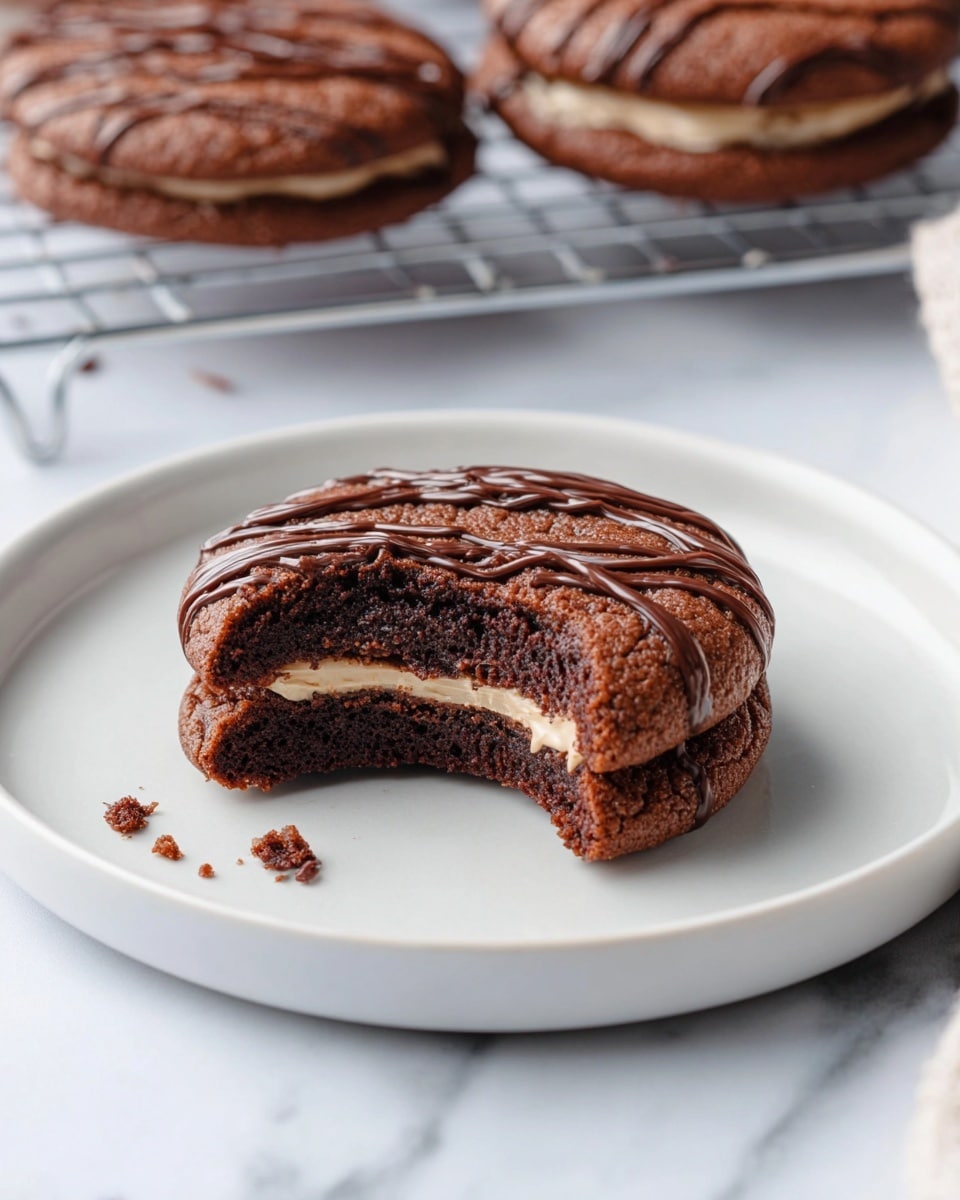 A soft chocolate cookie with a bite taken out of it sits on a white plate. The cookie has two main layers: a dense, dark brown bottom layer and a thick middle layer of creamy chocolate filling. The top layer is another cookie, slightly rough in texture, with thin lines of shiny chocolate drizzled across it in a wavy pattern. Tiny crumbs lie near the bitten edge on the plate. In the background, there is a cooling rack with more cookies and a white marbled surface. Photo taken with an iphone --ar 4:5 --v 7