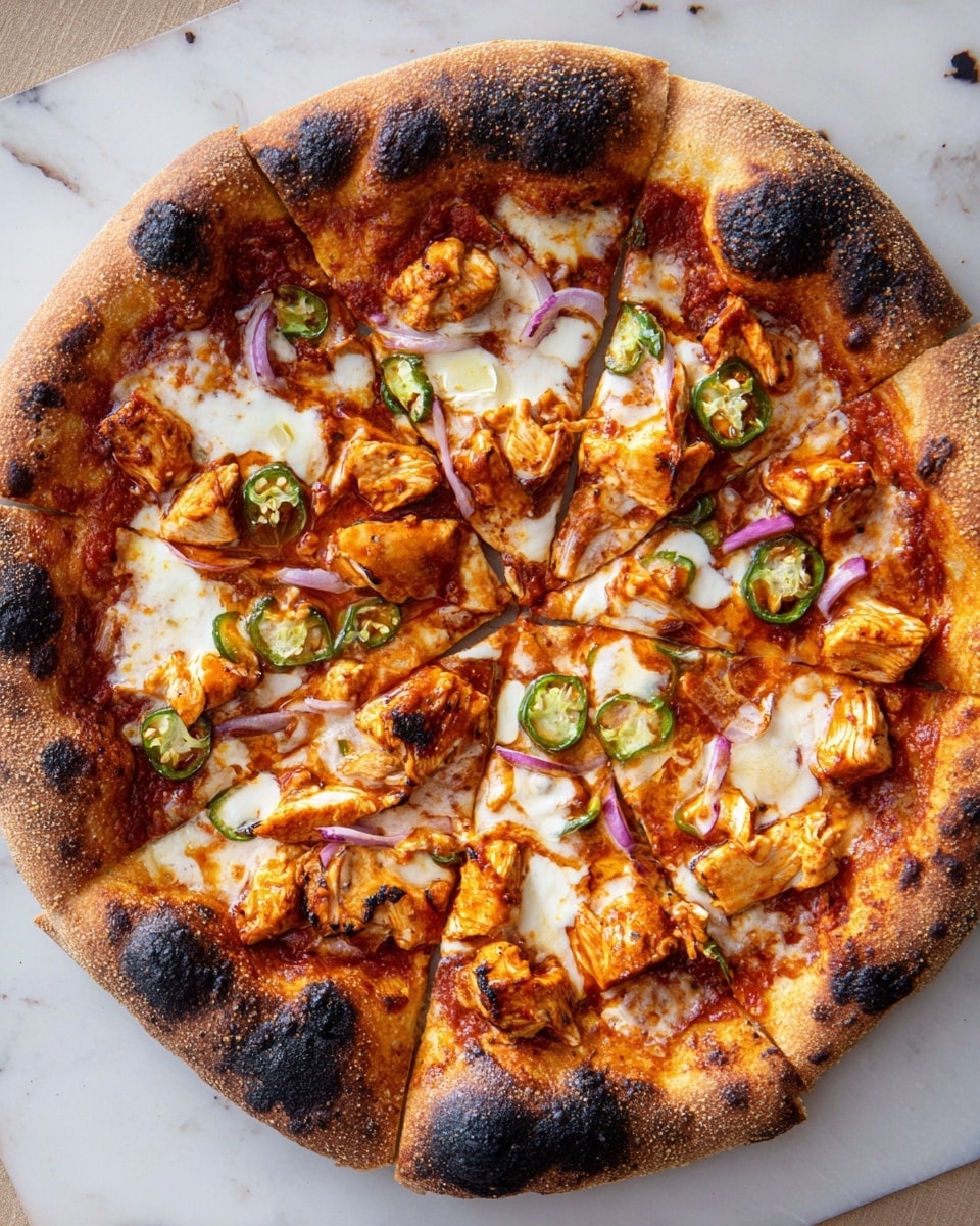 A round pizza is sliced into eight pieces with a thick, golden-brown crust that has some dark, charred spots, giving it a rustic look. The base layer is a rich red tomato sauce spread evenly over the dough, topped with melted white mozzarella cheese, scattered in soft, bubbly patches. Bright orange chunks of cooked chicken are spread across the pizza along with thin slices of green jalapeño peppers and thin strands of red onion, adding pops of color and texture. The pizza rests on a white marbled surface. Photo taken with an iphone --ar 4:5 --v 7