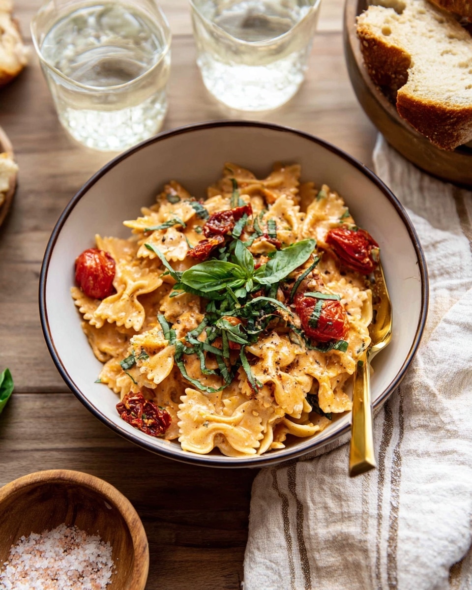 A bowl of creamy bow-tie pasta is shown in the center, with three main layers: the bottom layer is light orange creamy sauce coating the bow-tie pasta, the middle layer shows scattered cherry tomatoes with their bright red color and some browned bits of sun-dried tomatoes, and the top layer is fresh green basil leaves finely sliced and placed on top. The bowl is white with a thin dark rim and has a gold-colored fork resting inside on the right side. The scene has two clear glasses of water behind the bowl and some slices of crusty bread to the right. The surface is a wooden textured table with a small wooden bowl of coarse salt visible in the bottom left corner. A light cloth with soft beige and white stripes lies in the lower right area. Photo taken with an iphone --ar 4:5 --v 7