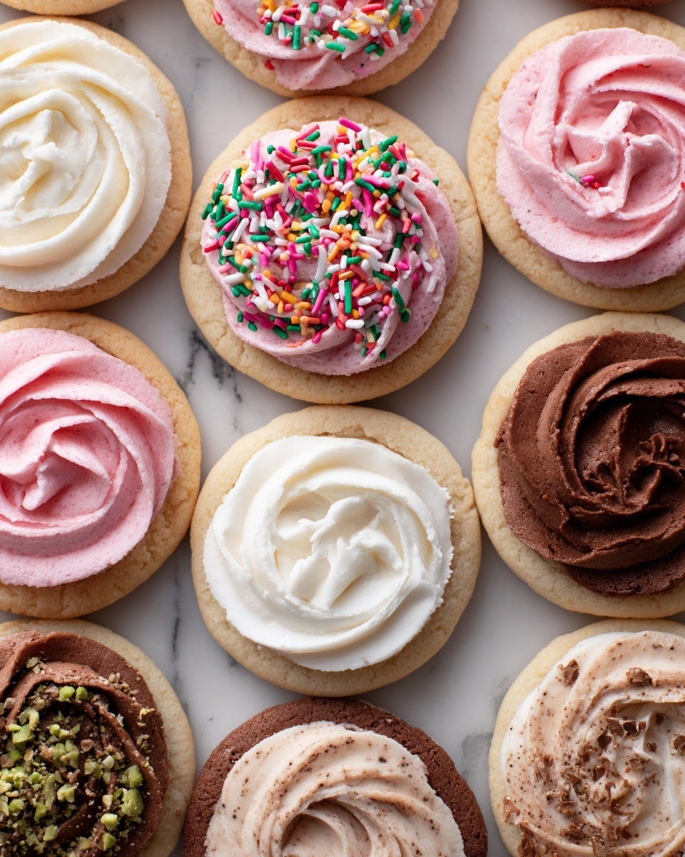 A close-up view of two round sugar cookies, each with one layer of light golden dough, topped with a thick spread of bright pink frosting that has a soft, creamy texture. Colorful long sprinkles in blue, white, green, purple, and orange are scattered on the frosting. The top cookie has a bite taken out of it, showing the soft inside crumb of the dough. In the background, there is a white bowl filled with more pastel rainbow sprinkles. The cookies and bowl are placed on a white marbled texture surface, with some loose sprinkles spread around. Photo taken with an iphone --ar 4:5 --v 7