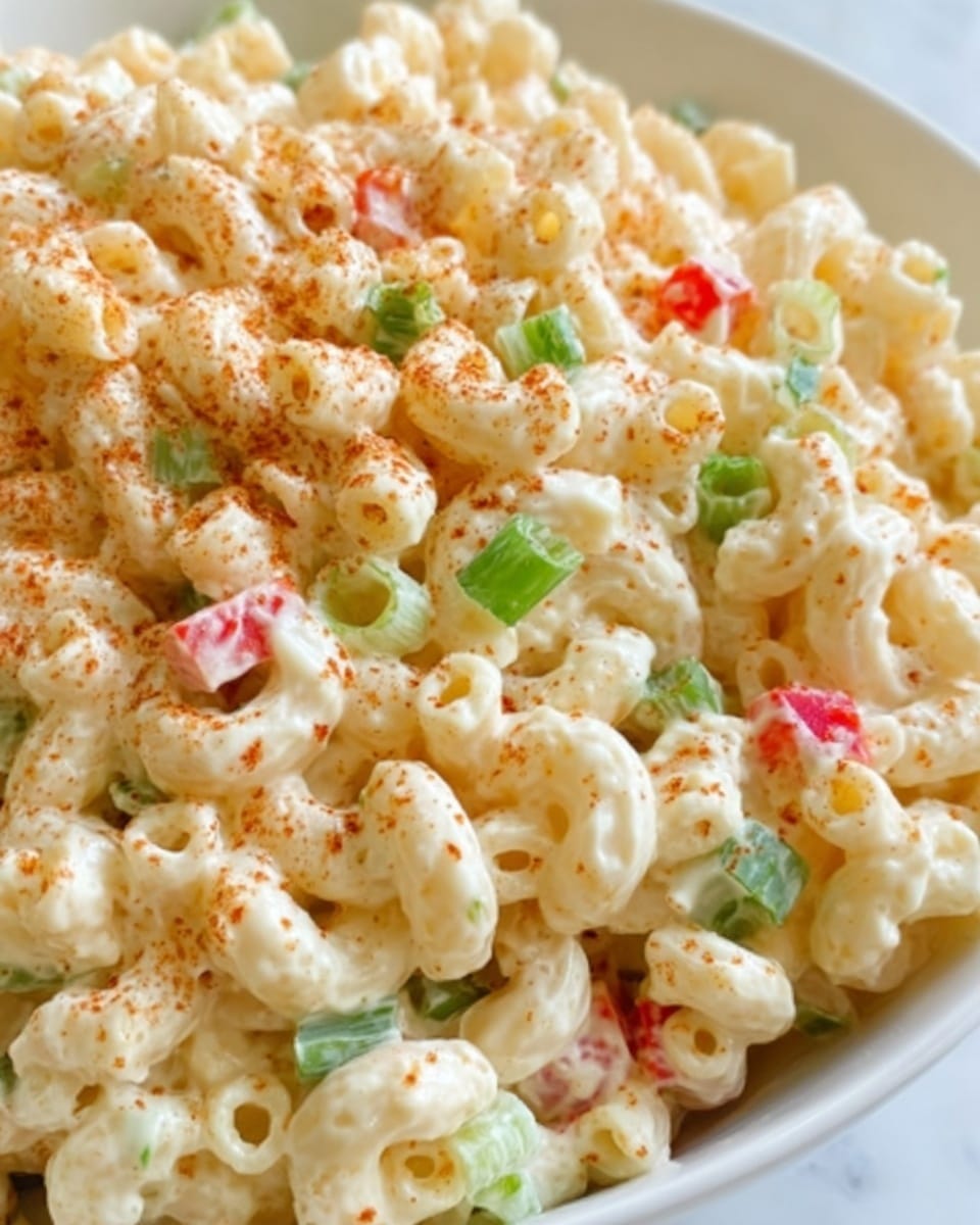 A close-up view of a bowl filled with macaroni salad, showing small curved pasta pieces mixed with chopped green onions and red bell peppers. The salad is creamy with a pale yellow dressing, and is topped with a light sprinkle of paprika. The bowl is white and rests on a white marbled surface. Photo taken with an iphone --ar 4:5 --v 7