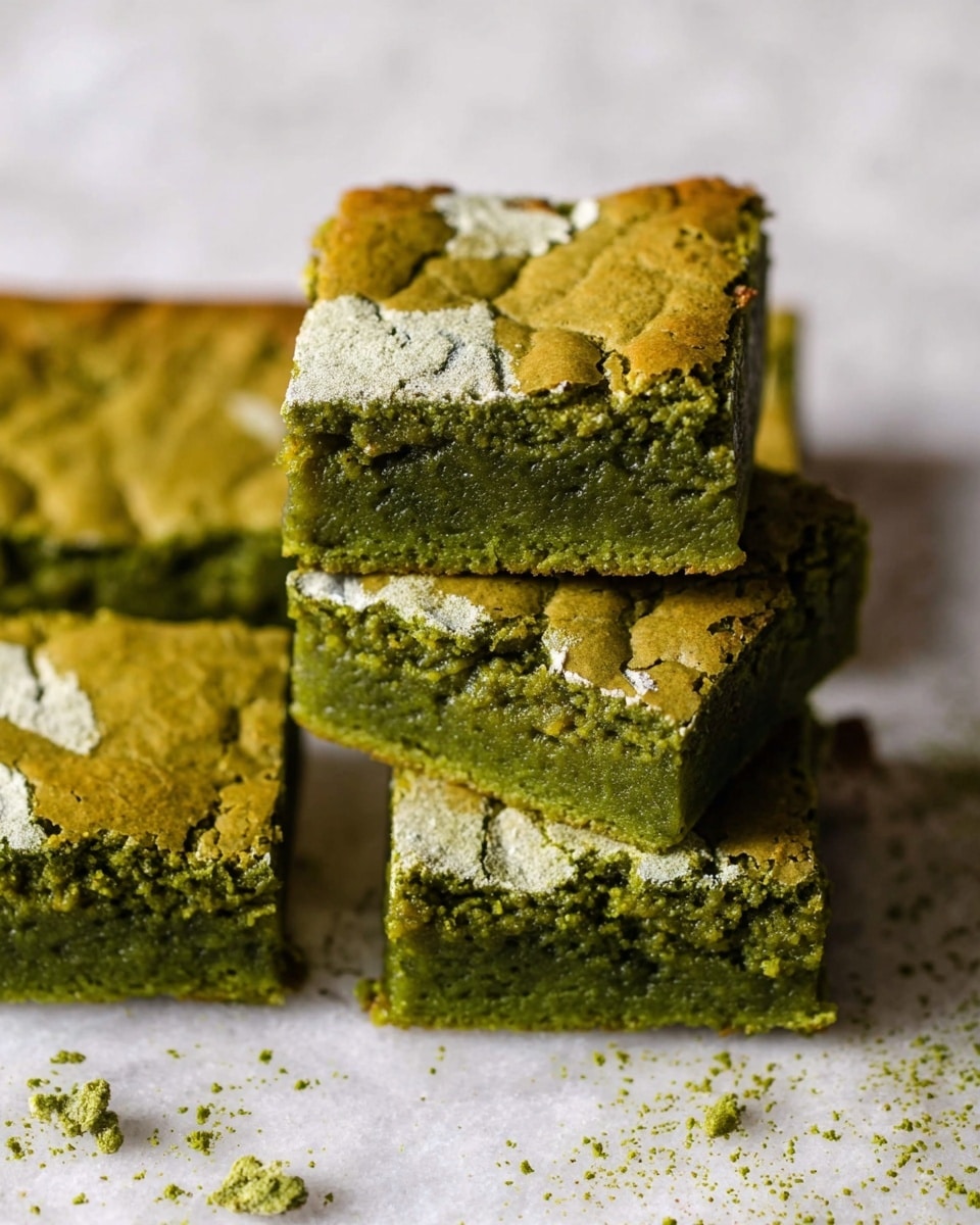 The image shows four greenish squares of matcha brownies with a cracked, slightly shiny top layer that is golden green in color, showing a delicate crust with some white patches. Each brownie is thick and dense with a moist, textured middle layer of deep green color. One brownie is held above the others, revealing its spongy, soft inner layer that contrasts with the firmer top crust. The brownies rest on a white marbled textured surface with a few crumbs scattered around, enhancing the fresh and homemade look. photo taken with an iphone --ar 4:5 --v 7