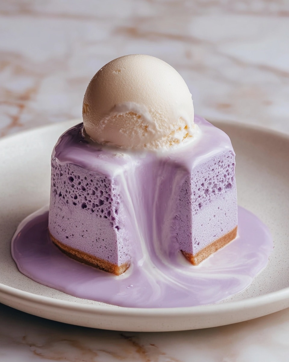 A dessert with three layers is shown: the base is a thin light brown crust, the middle is a thick, airy, and porous lavender-colored cake, and the center is a flowing glossy lavender cream spilling out onto a white marble plate. On top of the cake, there is a smooth, round scoop of pale vanilla ice cream with a slightly melting texture. The white marbled texture used for the background complements the dessert’s colors softly. photo taken with an iphone --ar 4:5 --v 7