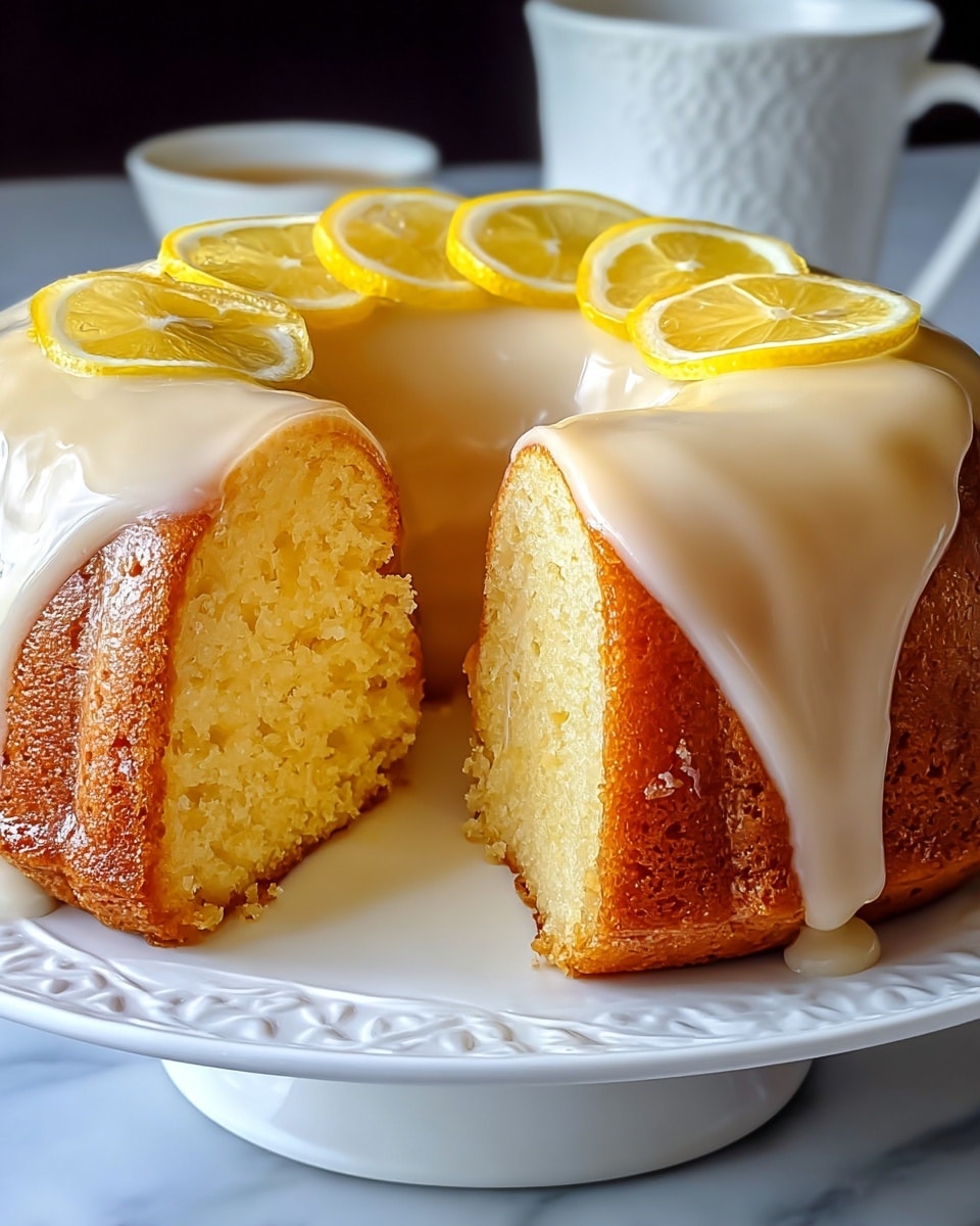 A single-layer round lemon cake with a dense, yellow crumb is shown with a slice cut out, revealing its moist texture. The cake is topped with a smooth, glossy white glaze that drips down the sides unevenly and is dusted with fine white powdered sugar. A bright yellow lemon wedge is placed on top as decoration. It sits on a white plate with intricate edge detailing, set on a white marbled surface. A few crumbs are scattered near the cut slice. Photo taken with an iphone --ar 4:5 --v 7