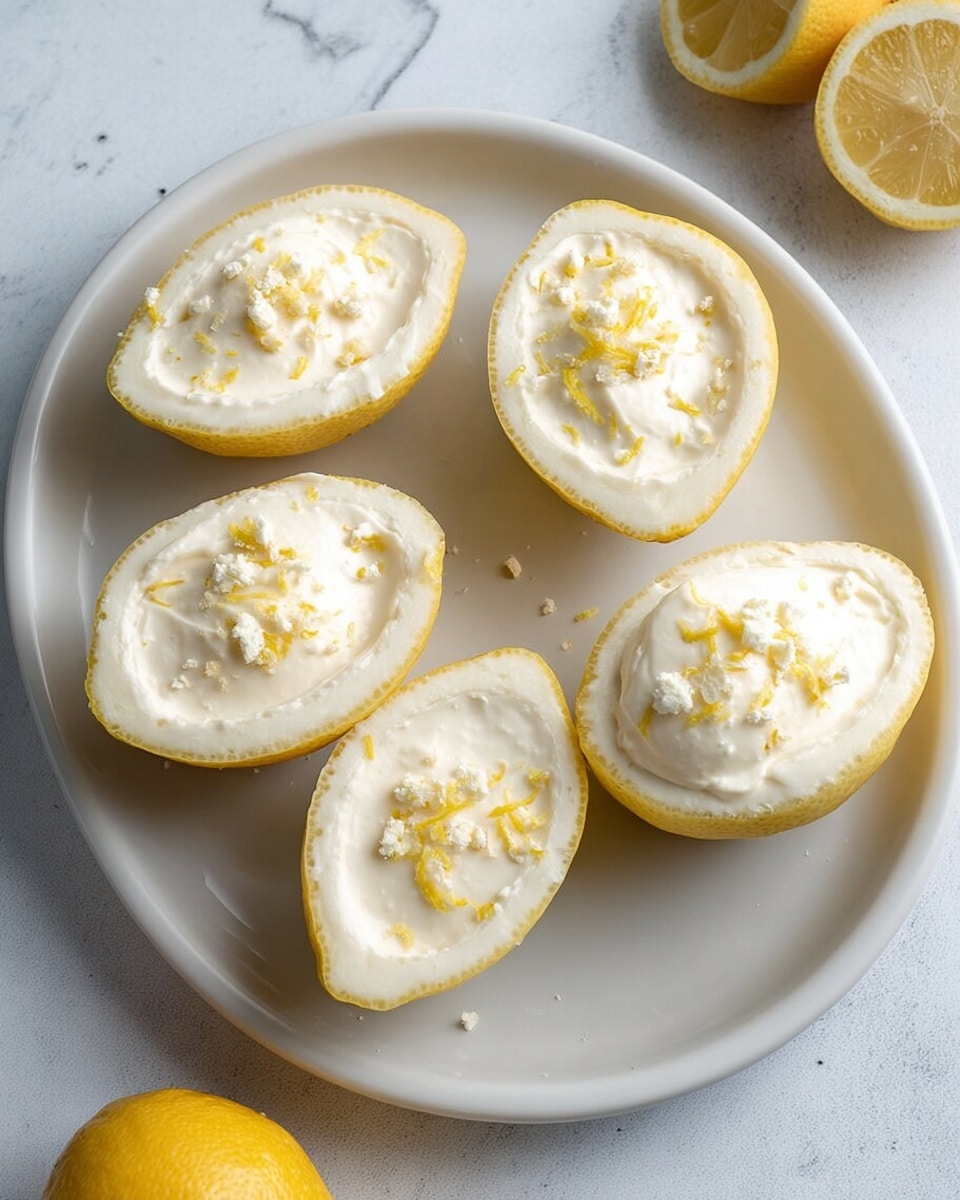 The image shows five lemon halves carefully hollowed out and filled with a smooth, creamy white mixture. Each lemon half has a pale yellow rind and is topped with small pieces of white and yellow zest, adding texture and color contrast. These lemon halves are neatly arranged on a white plate placed on a white marbled surface, with a cut lemon half visible at the top right corner and a whole lemon at the bottom left corner outside the plate. The creamy filling looks soft and slightly glossy, filling each lemon shell evenly. photo taken with an iphone --ar 4:5 --v 7