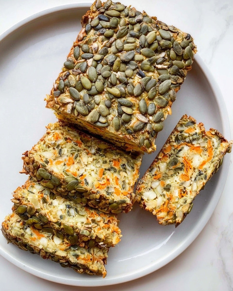 A white plate with a white marbled surface holds a rectangular baked dish cut into four pieces, including three long slices and one thicker piece. The top layer is golden and covered with green pumpkin and light brown sunflower seeds, adding a crunchy texture. Inside, the layers show a soft, dense mix of light beige with visible green herbs and thin strands of orange carrot, creating a colorful, textured look throughout the slice. The edges are slightly browned, showing a well-baked crust. photo taken with an iphone --ar 4:5 --v 7