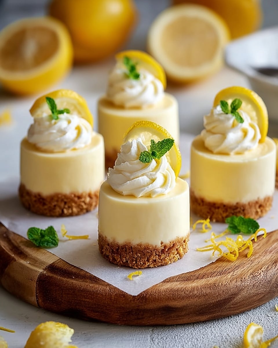 The image shows five small round lemon cheesecakes placed on a round wooden board lined with parchment paper, which sits on a white marbled textured surface. Each cheesecake has two main layers: a crumbly brown biscuit base at the bottom and a smooth, pale yellow lemon cheesecake layer on top. On each cheesecake, there is a swirl of white whipped cream, topped with a thin, translucent lemon slice and a small green mint leaf for decoration. There are also small lemon zest pieces scattered around the board, with blurred lemon halves and rounds in the background. photo taken with an iphone --ar 4:5 --v 7