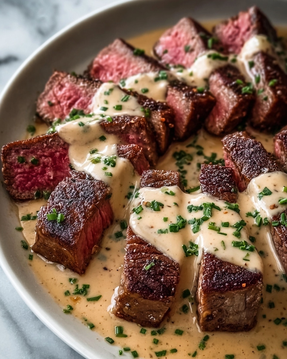 The image shows several slices of medium-rare steak arranged in a circle on a white plate, each piece with a brown seared crust and a pink, juicy center. A creamy light beige sauce is drizzled thickly over the top of the steak slices, pooling slightly on the plate around them. Small chopped green herbs are sprinkled over the sauce and steak, adding a fresh touch. The background is a white marbled texture, enhancing the dish’s rich colors and making the steak the clear focus. photo taken with an iphone --ar 4:5 --v 7