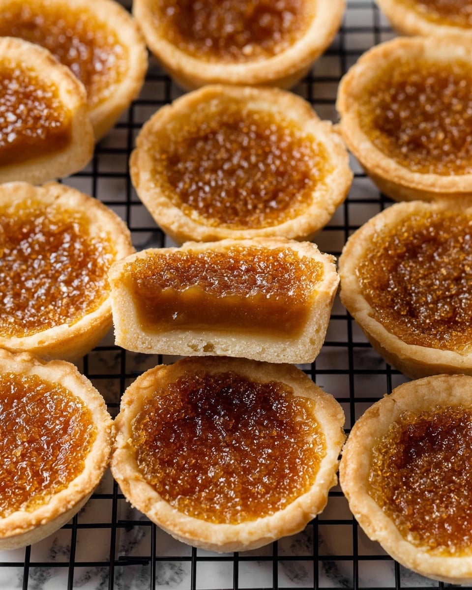 The image shows several small tartlets arranged on a black cooling rack over a white marbled surface. Each tartlet has one layer of a golden-brown, slightly shiny, caramelized filling with a bubbly texture on top, inside a light, flaky crust that is pale beige and looks crisp. The tartlets are round with raised edges, and two tartlets are cut in half to show the thick filling inside, which looks smooth and gooey with a soft texture. The overall color palette is warm with shades of brown and beige. photo taken with an iphone --ar 4:5 --v 7