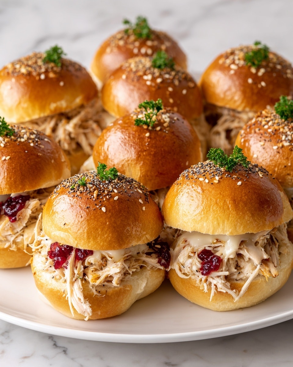 A round white plate holds ten small sandwiches arranged close together, each sandwich made of a shiny, golden-brown bun topped with sesame seeds, poppy seeds, and small green parsley leaves. Each sandwich has two layers inside: shredded light brown chicken on the bottom and melted pale white cheese on top, with small bits of red cranberry sauce visible in some sandwiches, adding a pop of color. The buns have a soft, fluffy texture and a slight shine. The plate sits on a white marbled surface. photo taken with an iphone --ar 4:5 --v 7