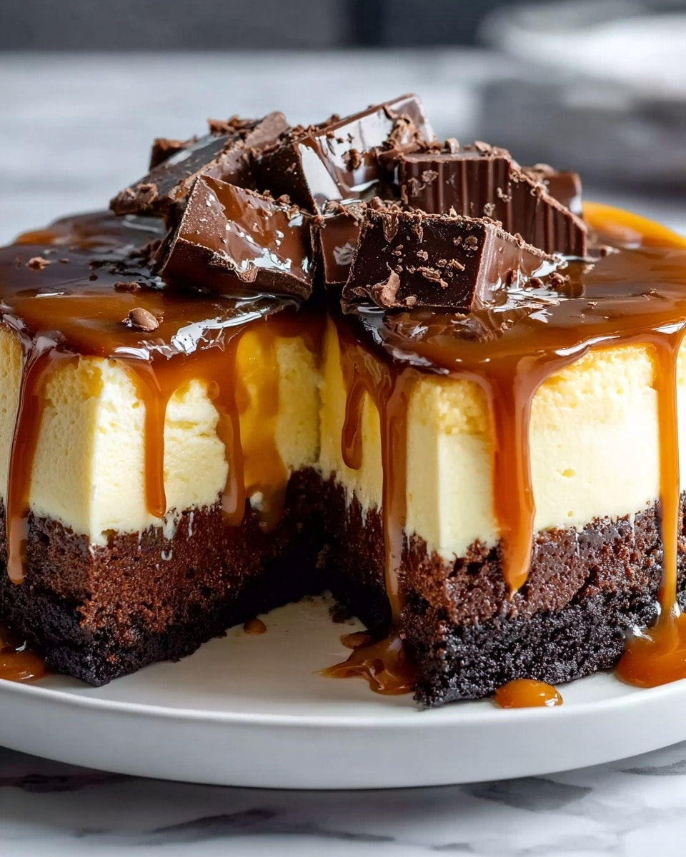 A rich dessert with three clear layers is shown on a white plate. The bottom layer is a thick, dark brown, crumbly brownie base. Above that is a thick, creamy pale yellow cheesecake middle layer with a smooth texture. The top layer is a glossy caramel sauce that spills down the sides, with several dark brown chocolate chunks spread over it. The dessert sits on a white marbled surface. photo taken with an iphone --ar 4:5 --v 7