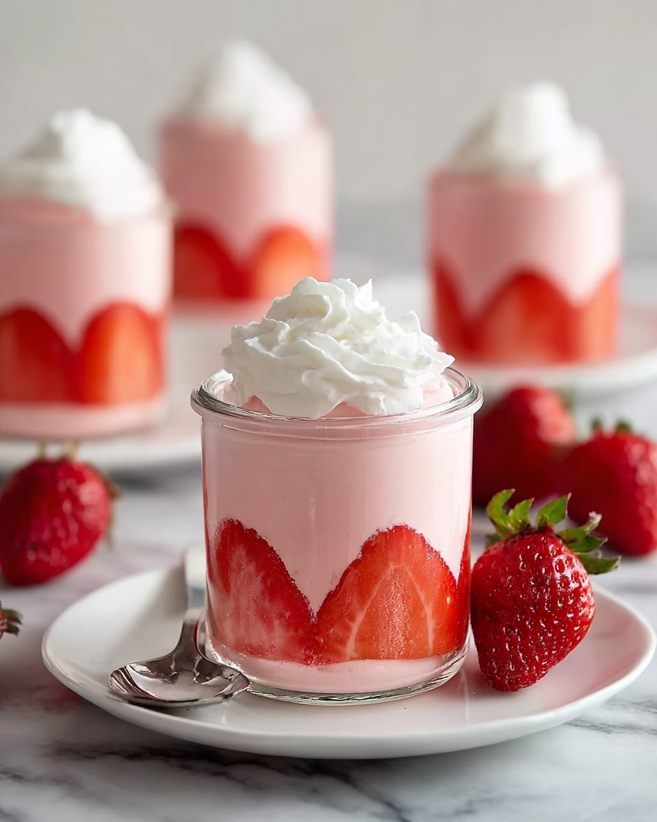 A small clear glass jar filled with three layers: the bottom layer shows bright red sliced strawberries pressed against the glass, forming a decorative pattern, the middle layer is a smooth, creamy pink strawberry mousse filling most of the jar, and the top layer is a dollop of white fluffy whipped cream. The jar is placed on a white plate with a shiny silver spoon on the side, and there are whole fresh strawberries scattered around on a white marbled surface. In the background, three similar jars with the same dessert are softly blurred. photo taken with an iphone --ar 4:5 --v 7