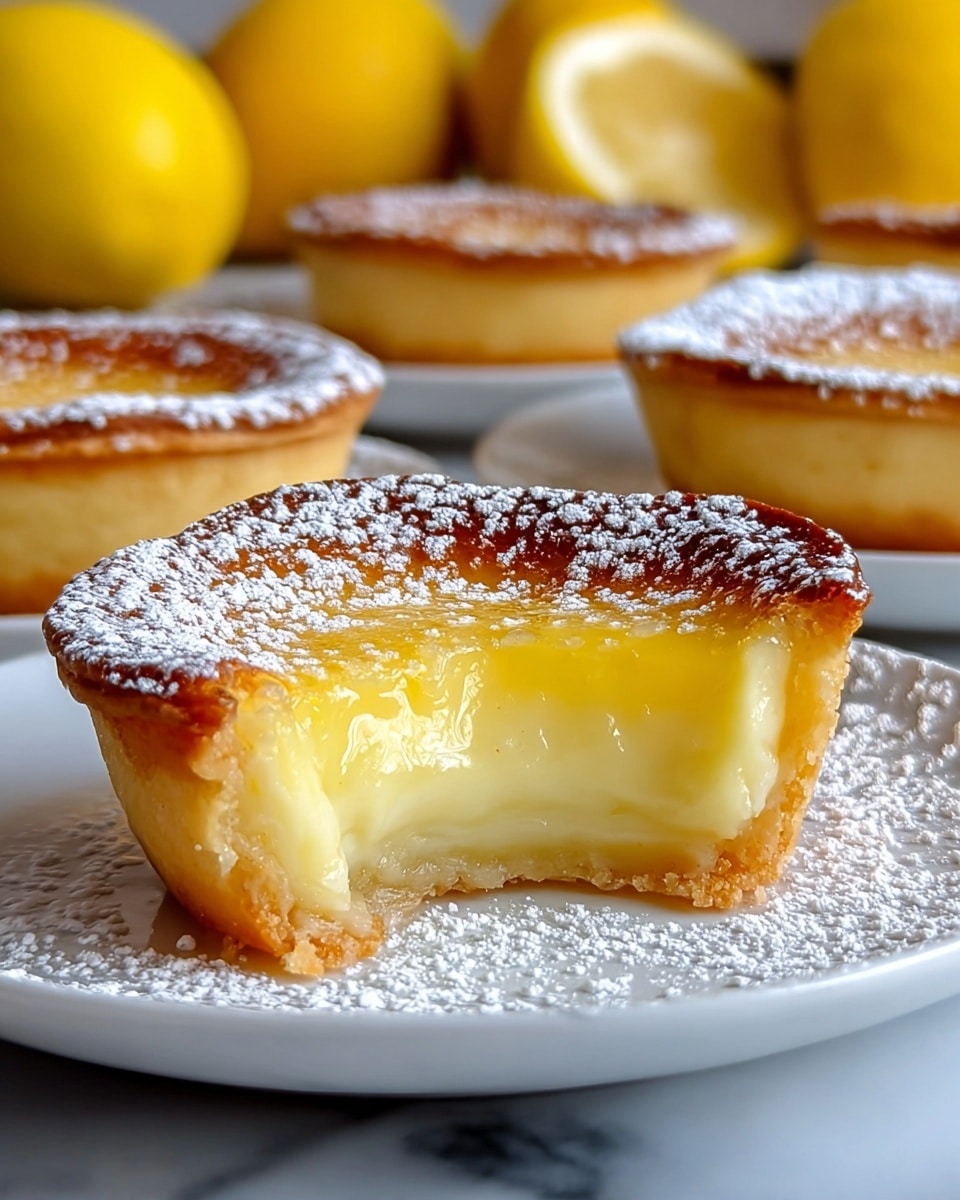 A close-up of a lemon custard tart with a bite taken out, showing three distinct layers: a golden brown crust at the bottom, a smooth creamy yellow lemon custard filling in the middle, and a slightly browned, glossy top dusted lightly with powdered sugar; this tart is on a white plate sprinkled with powdered sugar, placed on a white marbled surface, with several whole tarts and bright yellow lemons blurred in the background. photo taken with an iphone --ar 4:5 --v 7