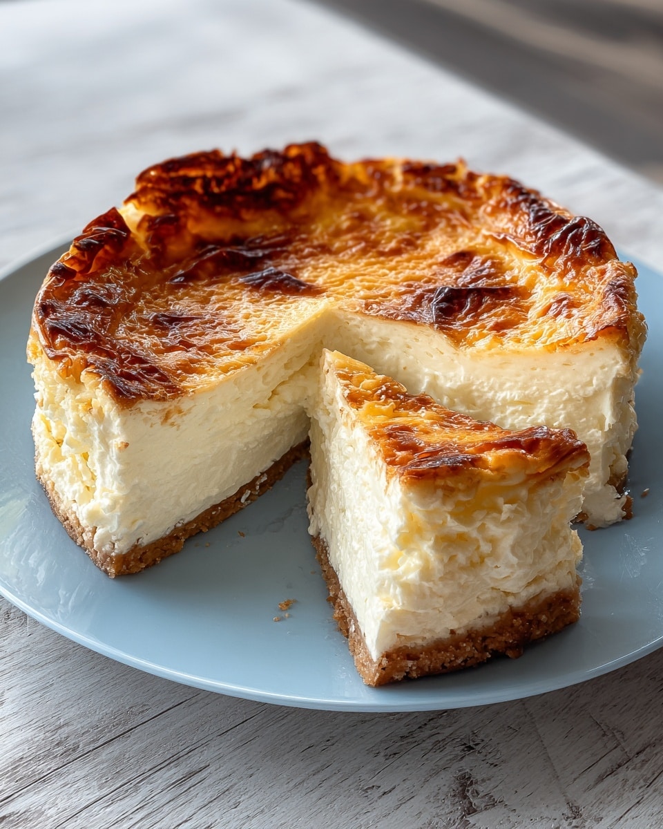 A round cheesecake with one slice removed sits on a white plate, showing three layers: a light brown crumbly base, a thick middle layer of smooth white cream cheese filling, and a golden brown caramelized top layer with slightly burnt spots and a textured surface. The white plate sits on a white marbled surface, and the scene is softly lit with a shallow depth of field. photo taken with an iphone --ar 4:5 --v 7