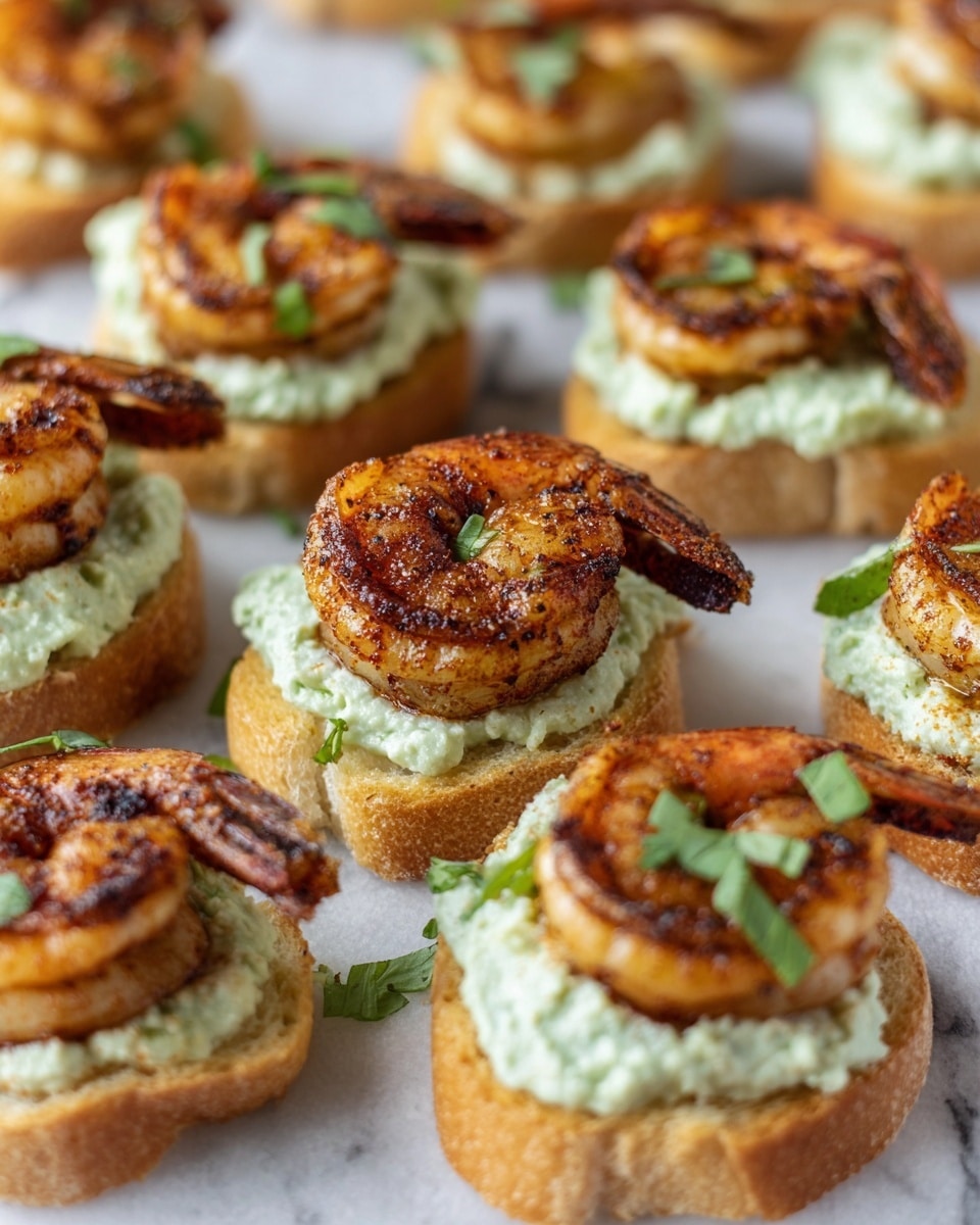 Several small toasted bread slices form the base layer, each light golden brown with a slightly crispy texture. On top of each bread slice is a thick layer of pale green creamy spread, smooth and slightly chunky. Each piece is crowned with one large cooked shrimp, seasoned and grilled to a textured deep orange and brown color, with visible spices and a slightly charred surface. Small pieces of fresh green herbs are scattered among the snacks on a white marbled textured surface. Photo taken with an iphone --ar 4:5 --v 7