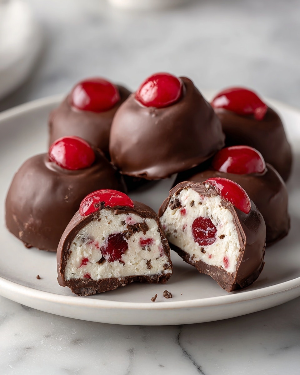The image shows a white plate with seven round chocolate-covered treats, each topped with a bright red cherry half. One treat in the front is bitten, showing three layers: a smooth dark brown chocolate coating on the outside, a soft white inside speckled with small red bits, likely cherry pieces, in the center. The treats have a glossy finish on the cherries and a slightly bumpy texture on the chocolate. The plate is placed on a white marbled surface. photo taken with an iphone --ar 4:5 --v 7