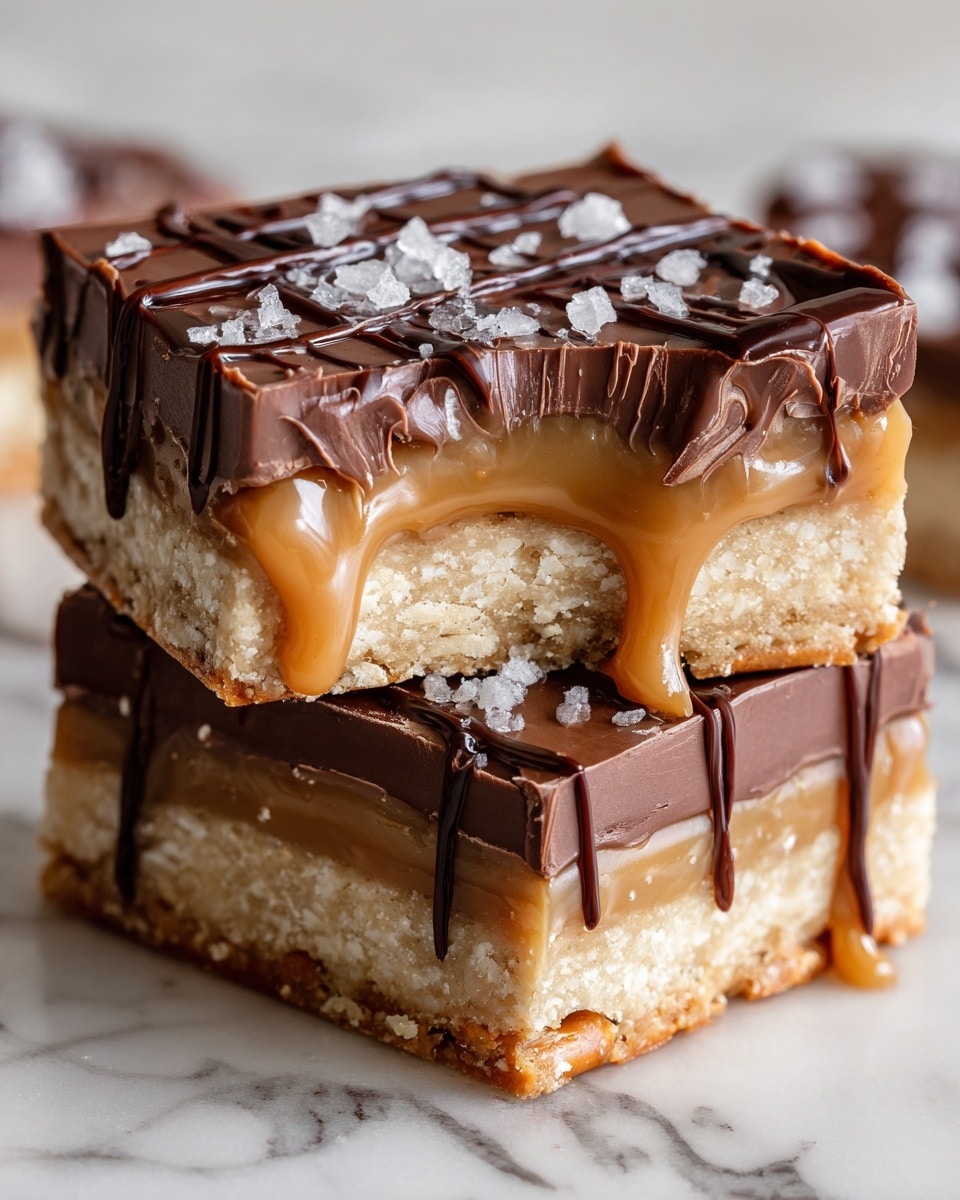 The image shows two stacked sweet bars with four visible layers. The bottom layer is a crunchy, light brown cracker base. Above that is a layer of small, evenly spread pretzel pieces that are golden brown. The third layer is a thick, rich caramel with a shiny texture dripping slightly at the edges. On top is a smooth, dark chocolate layer with thin dark chocolate drizzle lines zigzagged across it. Large salt flakes are scattered on the chocolate surface, adding a rough texture. The background is a white marbled texture. photo taken with an iphone --ar 4:5 --v 7