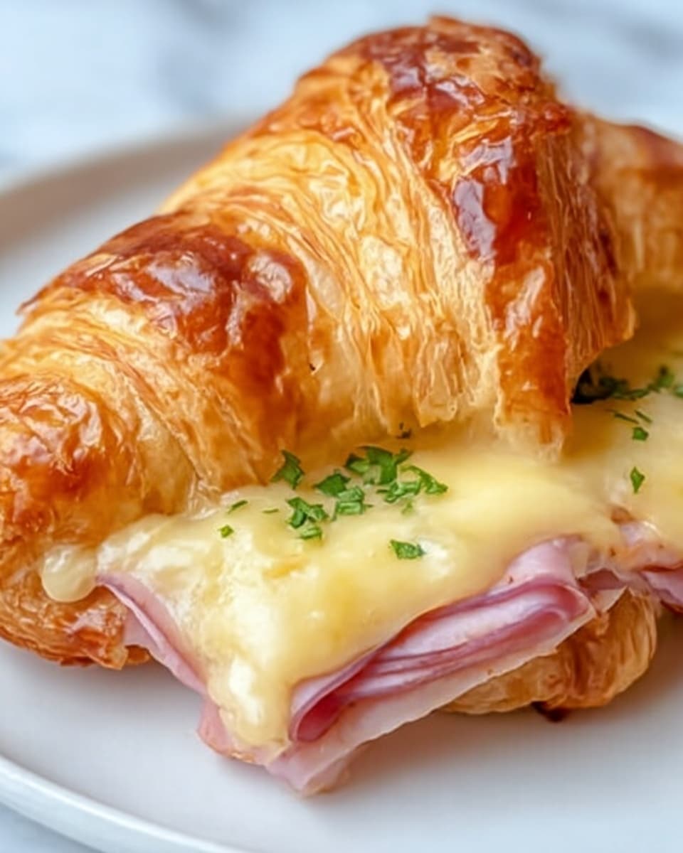 A close-up image of a croissant sandwich placed on a white plate against a white marbled surface. The croissant has a shiny, golden-brown, flaky crust with visible layers. Inside, there is one layer of pink ham, topped by a thick layer of melted pale yellow cheese with a smooth, creamy texture. Small green parsley flakes are sprinkled on top of the cheese, adding color contrast. The overall look is warm and savory, highlighting the soft and flaky textures of the croissant and cheese. Photo taken with an iphone --ar 4:5 --v 7