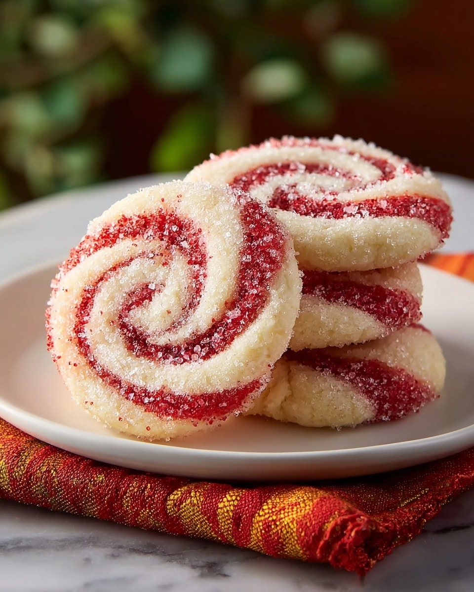 Four round cookies are stacked on a white plate. Each cookie has a swirl pattern made of two layers, one creamy white dough and one red candy stripe. The surface of the cookies is coated with coarse sugar crystals giving a shiny, sugared texture. The plate sits on top of a folded red and orange cloth on a white marbled surface and there is a blurred background with green plant shapes. photo taken with an iphone --ar 4:5 --v 7