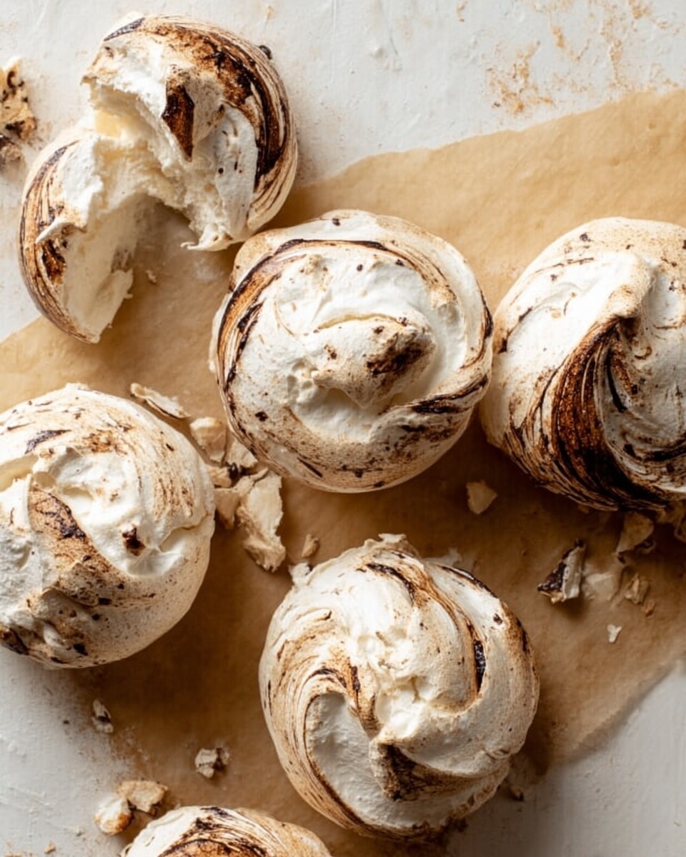 The image shows six round meringue cookies placed on brown parchment paper over a white marbled texture surface. Each meringue has a rough and cracked exterior with swirls of light brown and dark brown mixed into the mainly white, airy layers. One cookie is broken with crumbs scattered nearby, adding to the texture contrast. The meringues have a slightly cracked top, showing a crisp outer layer with a softer inside. The light and shadow create a soft, natural look, highlighting the uneven surface and color mix of the meringues. photo taken with an iphone --ar 4:5 --v 7