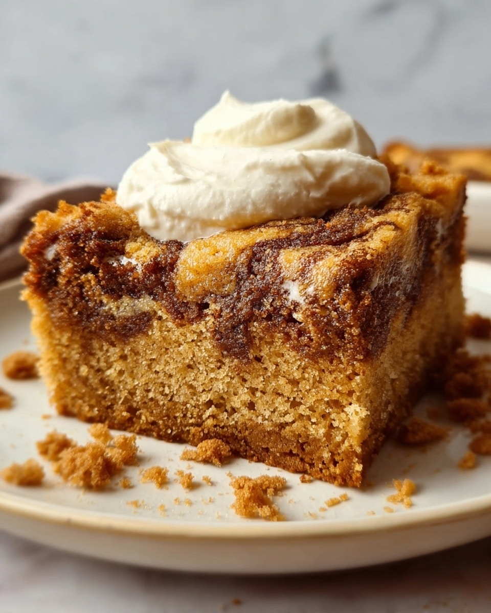The image shows a close-up of a single thick square piece of cake on a smooth white plate, set against a white marbled texture. The cake has two main layers: a soft, crumbly light brown base with visible air pockets and a darker swirled topping with a slightly crunchy texture, showing a mix of golden and deep brown shades. On top of the cake, there is a dollop of smooth white cream that contrasts with the cake’s textured surface. Scattered crumbs lie around the plate, adding to the rustic look. Photo taken with an iphone --ar 4:5 --v 7