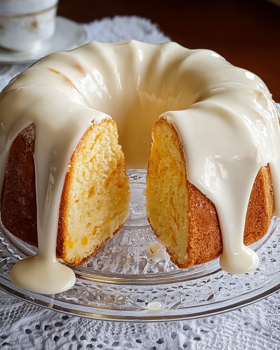 A round bundt cake with one large slice cut out shows a moist, yellow interior with a light crumb texture. The cake has a thin, golden-brown crust on the outside. A thick layer of smooth, creamy white icing is poured over the top, dripping down the sides and pooling slightly onto the clear glass plate beneath it. The plate rests on a white marbled textured surface with a white lace cloth partly visible. photo taken with an iphone --ar 4:5 --v 7